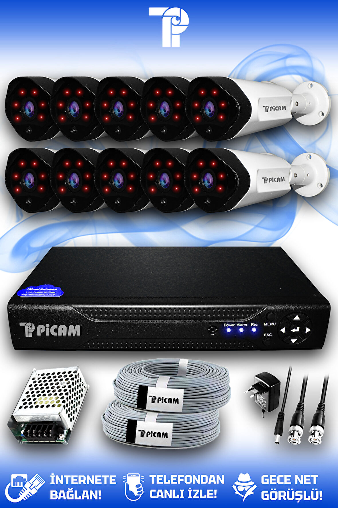 PICAM 10 Kameralı Uzay 10 Dış Kamera Set HDD'siz Full HD Gece Görüşlü Güvenlik Kamerası Sistemi
