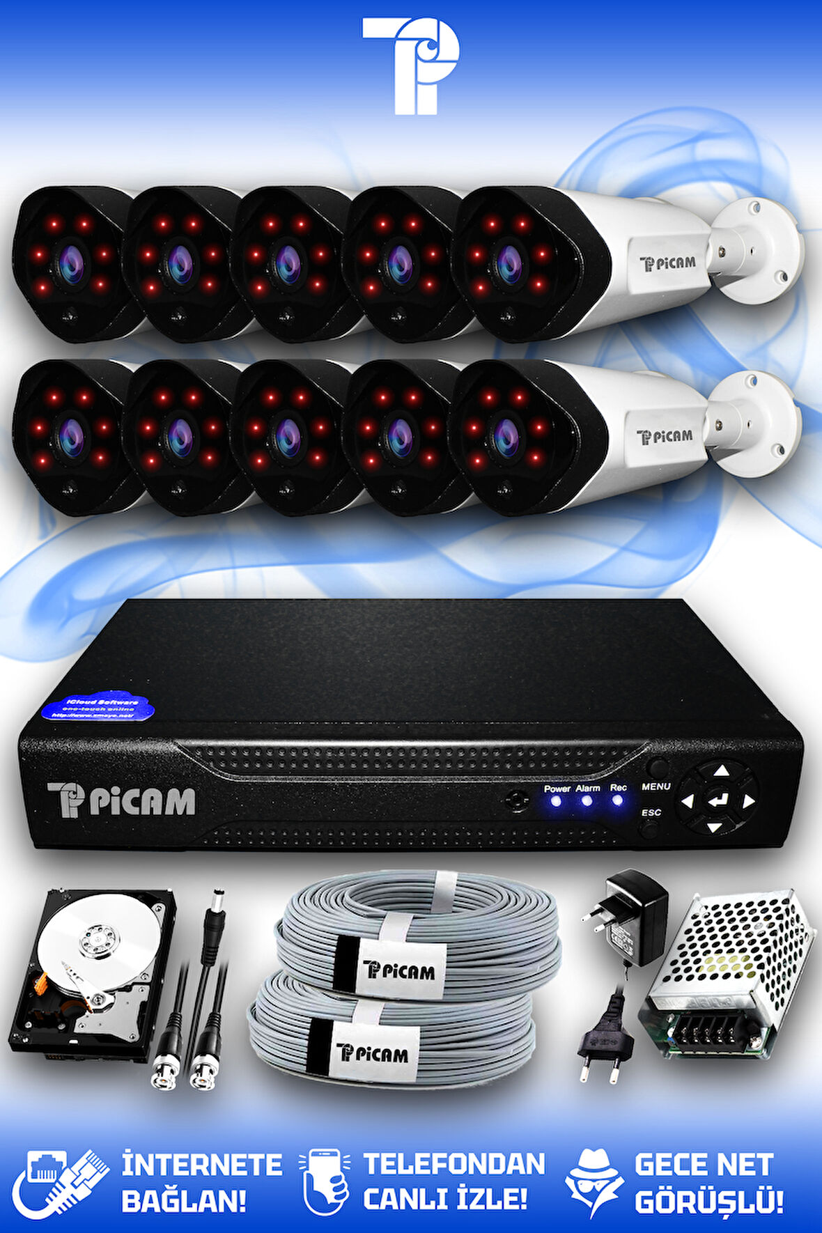 PICAM 10 Kameralı Uzay 10 Dış Kamera Set 100 GB HDD Full HD Gece Görüşlü Güvenlik Kamerası Sistemi