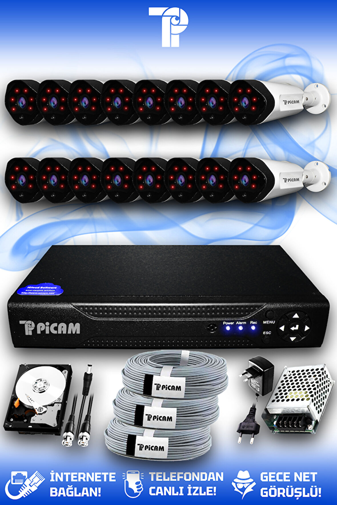 PICAM 16 Kameralı Uzay 16 Dış Kamera Set 100 GB HDD Full HD Gece Görüşlü Güvenlik Kamerası Sistemi