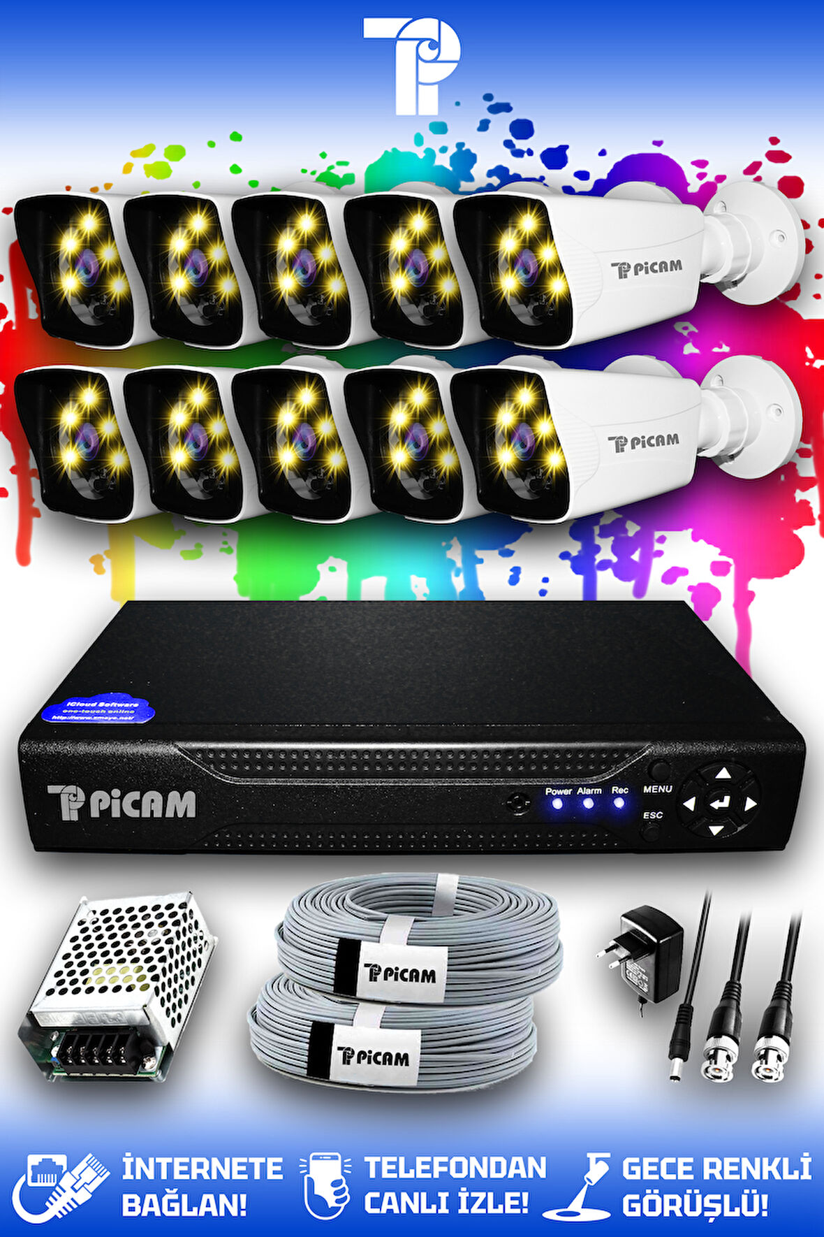 PICAM 10 Kameralı Kare 10 Dış Kamera Set HDD'siz Full HD Renkli Gece Görüşlü Güvenlik Kamerası Sistemi