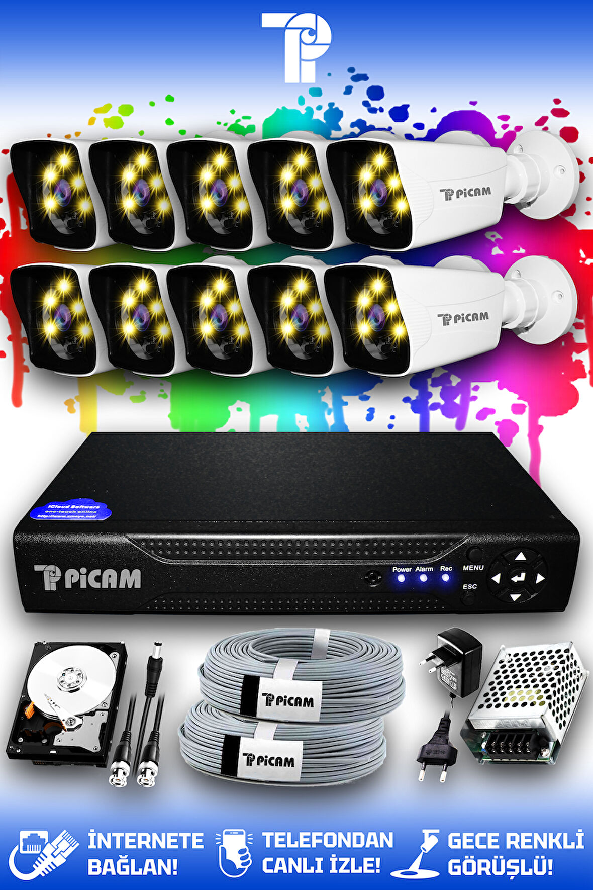 PICAM 10 Kameralı Kare 10 Dış Kamera Set 250 GB HDD Full HD Renkli Gece Görüşlü Güvenlik Kamerası Sistemi