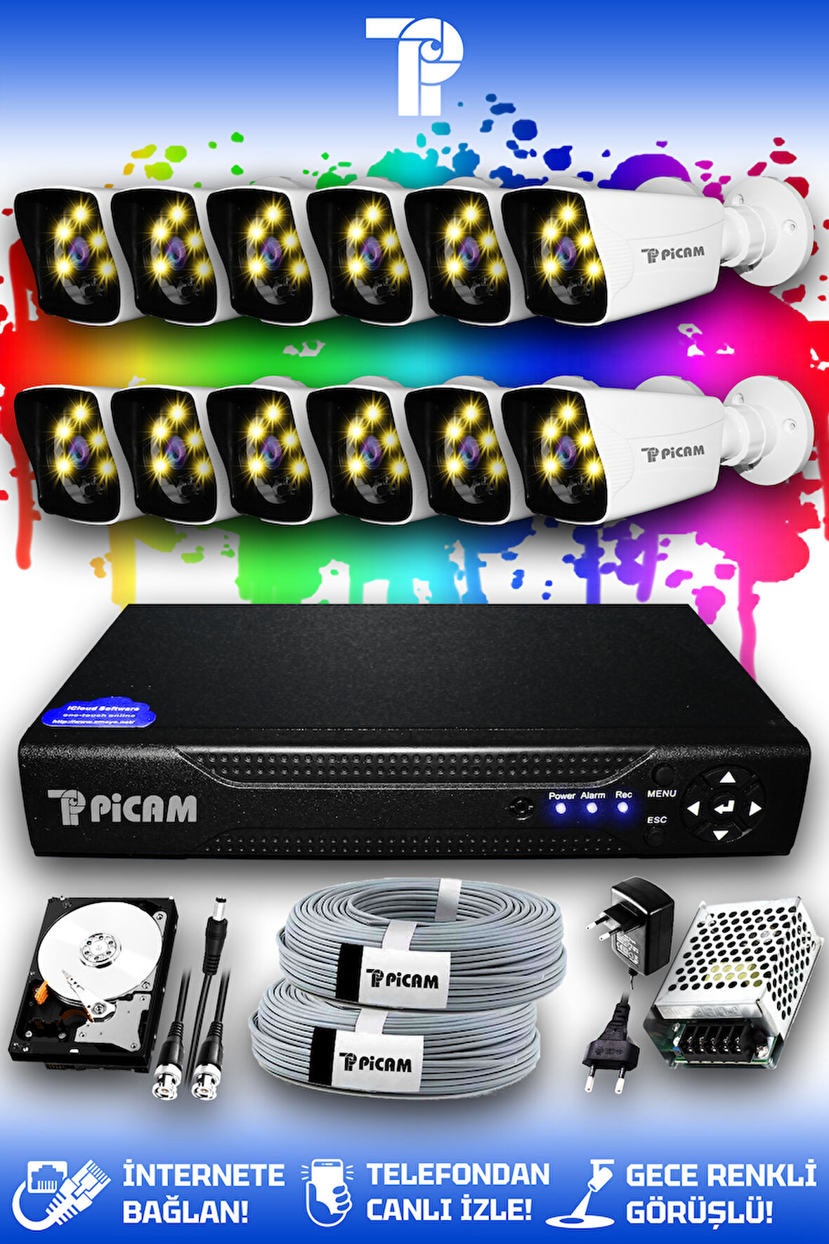 PICAM 12 Kameralı Kare 12 Dış Kamera Set 100 GB HDD Full HD Renkli Gece Görüşlü Güvenlik Kamerası Sistemi