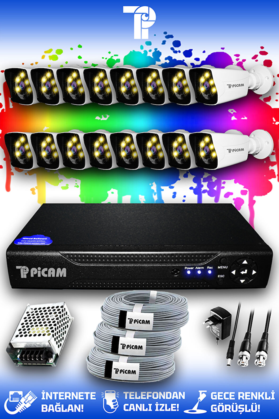 PICAM 16 Kameralı Kare 16 Dış Kamera Set HDD'siz Full HD Renkli Gece Görüşlü Güvenlik Kamerası Sistemi