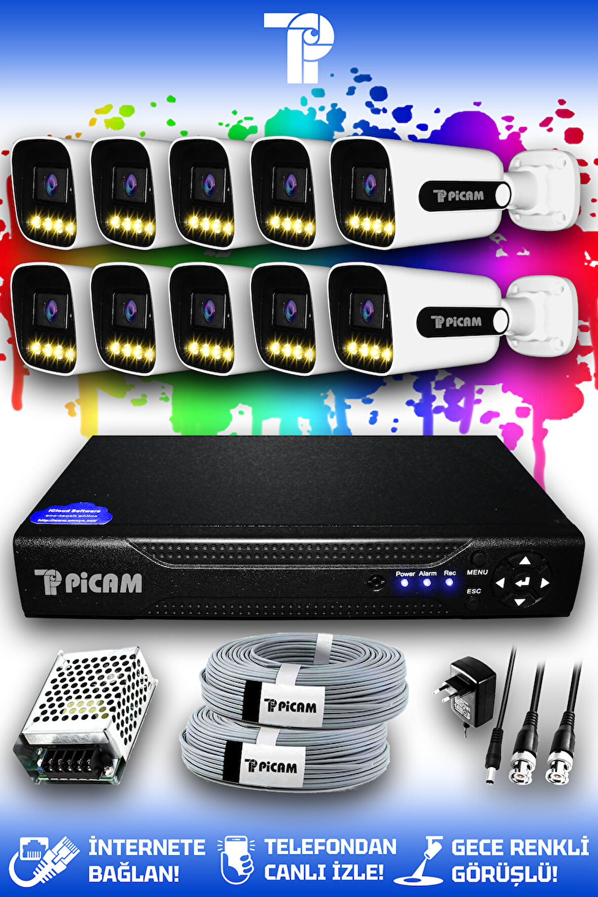 PICAM 10 Kameralı Zebra 10 Dış Kamera Set HDD'siz Full HD Renkli Gece Görüşlü Güvenlik Kamerası Sistemi