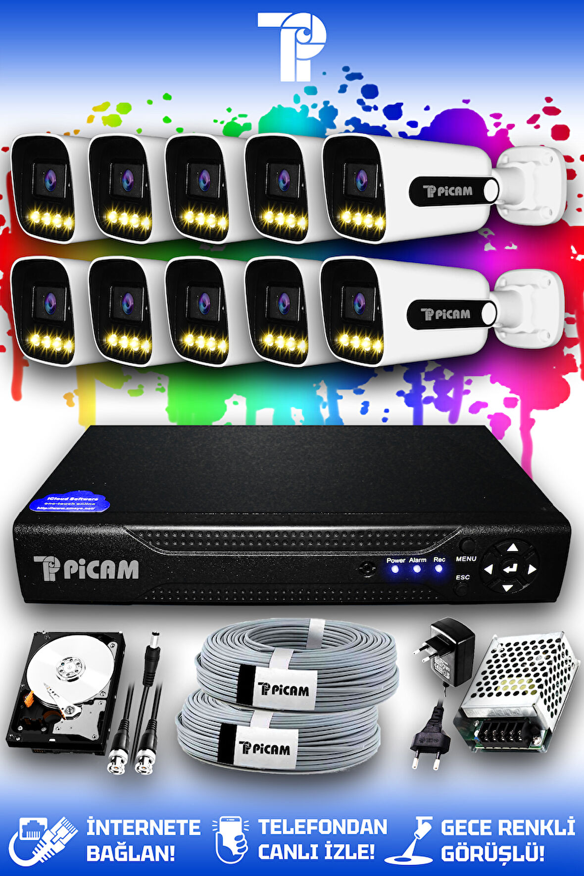 PICAM 10 Kameralı Zebra 10 Dış Kamera Set 100 GB HDD Full HD Renkli Gece Görüşlü Güvenlik Kamerası Sistemi