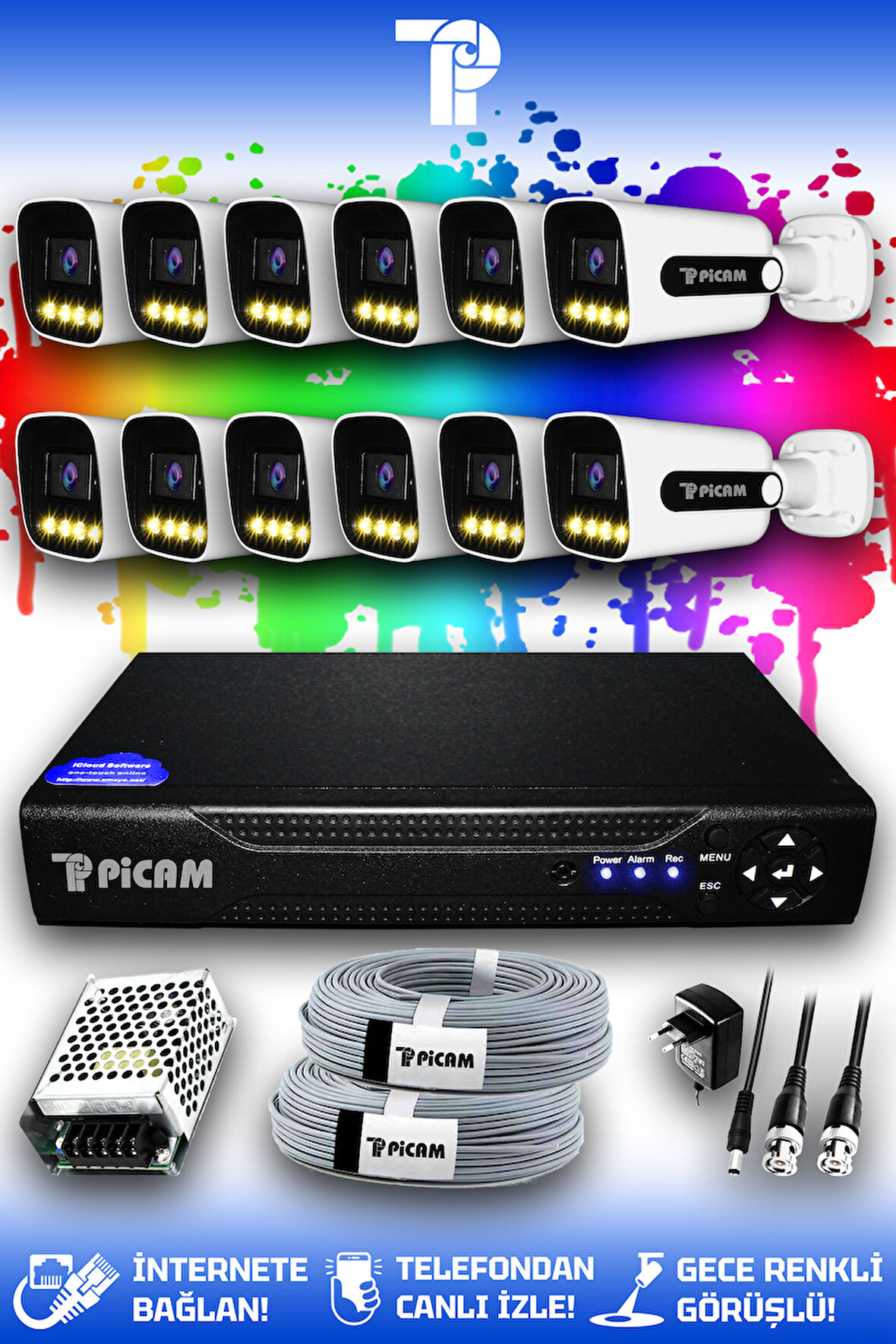 PICAM 12 Kameralı Zebra 12 Dış Kamera Set HDD'siz Full HD Renkli Gece Görüşlü Güvenlik Kamerası Sistemi