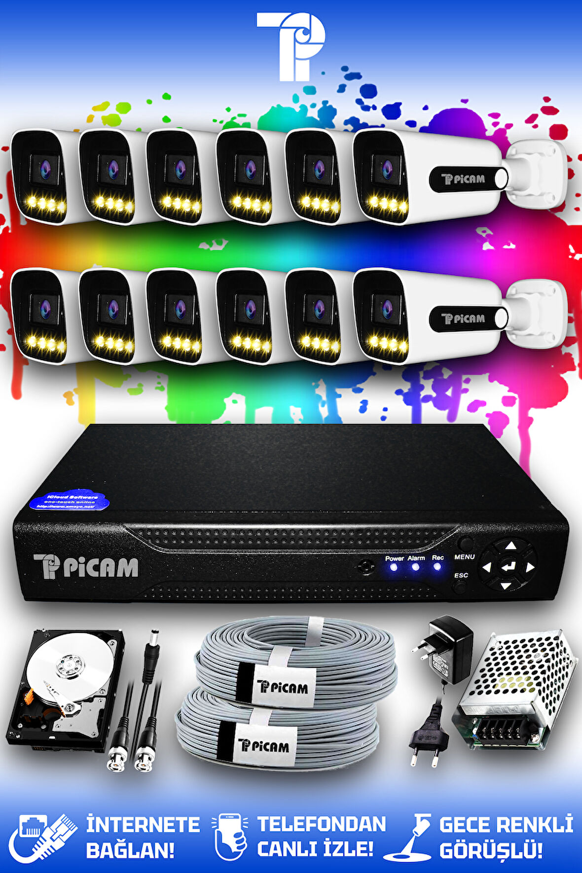 PICAM 12 Kameralı Zebra 12 Dış Kamera Set 100 GB HDD Full HD Renkli Gece Görüşlü Güvenlik Kamerası Sistemi