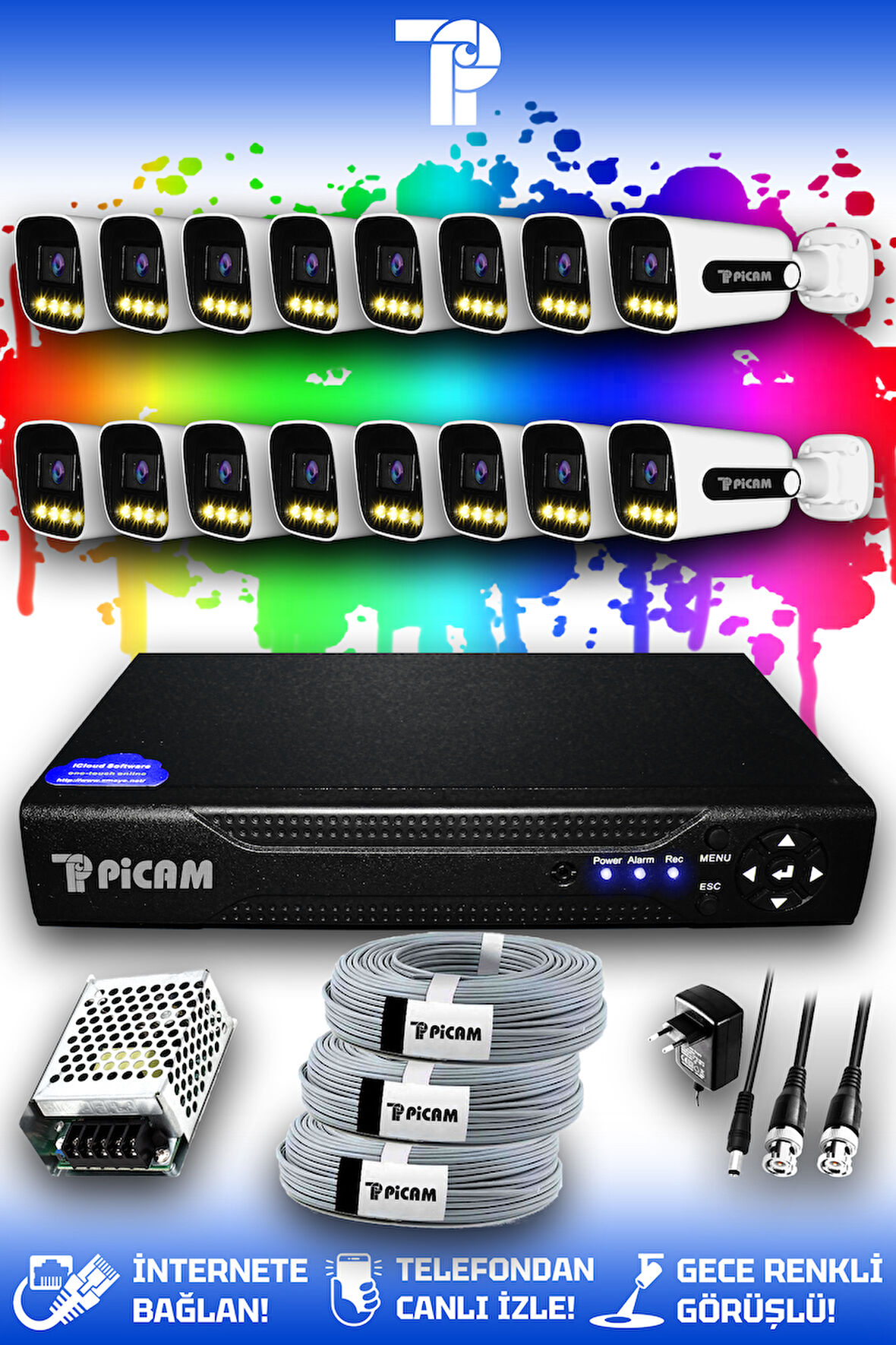 PICAM 16 Kameralı Zebra 16 Dış Kamera Set HDD'siz Full HD Renkli Gece Görüşlü Güvenlik Kamerası Sistemi