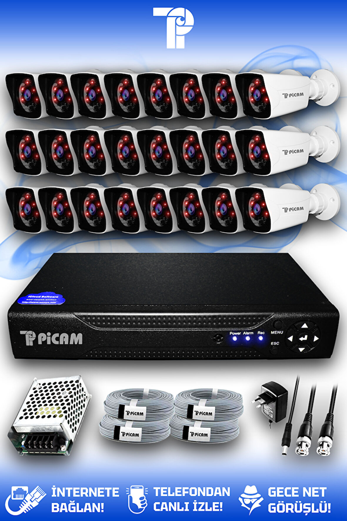 PICAM 24 Kameralı Kare 24 Dış Kamera Set HDD'siz Full HD Gece Görüşlü Güvenlik Kamerası Sistemi