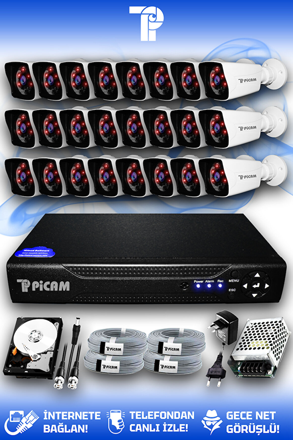 PICAM 24 Kameralı Kare 24 Dış Kamera Set 320 GB HDD Full HD Gece Görüşlü Güvenlik Kamerası Sistemi