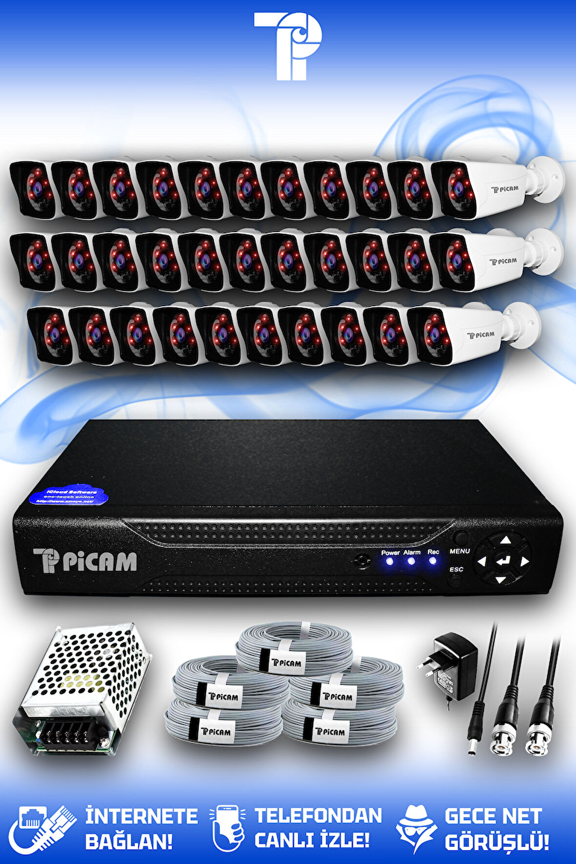 PICAM 32 Kameralı Kare 32 Dış Kamera Set HDD'siz Full HD Gece Görüşlü Güvenlik Kamerası Sistemi