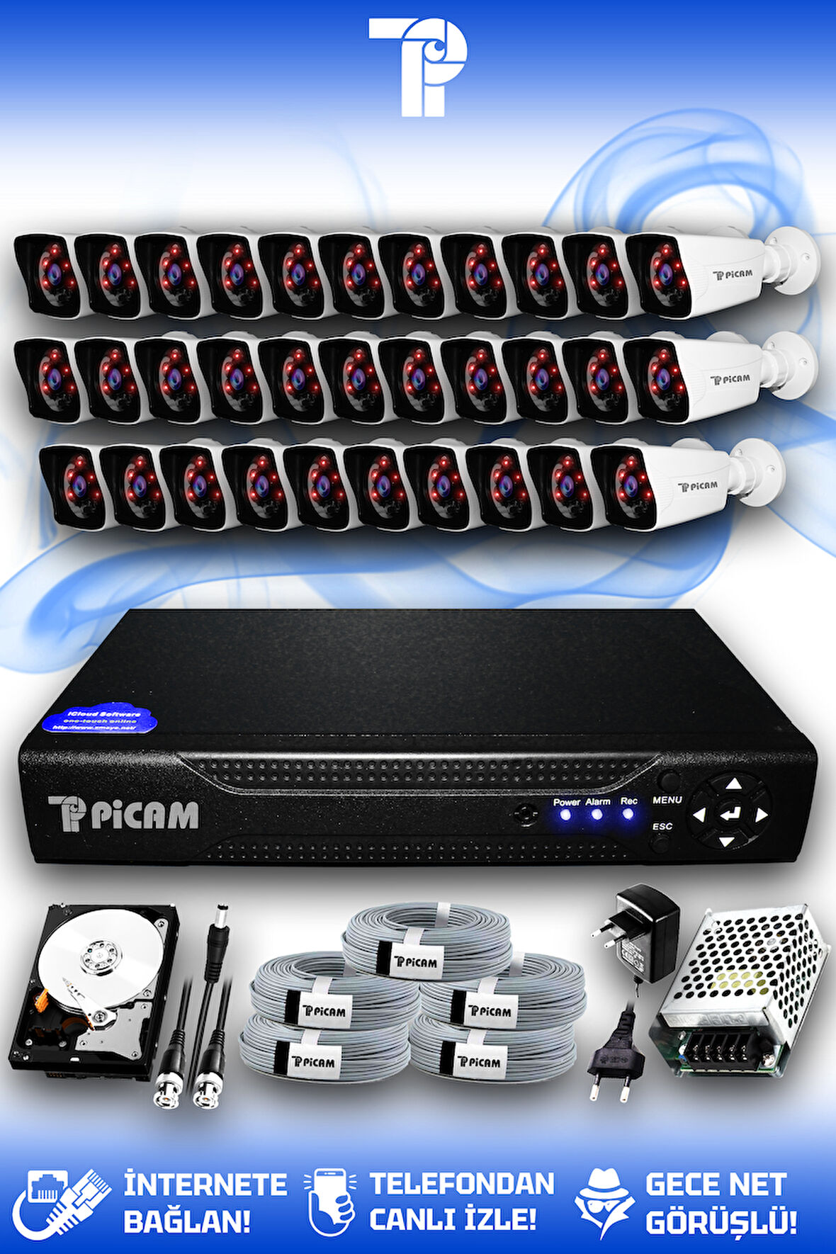 PICAM 32 Kameralı Kare 32 Dış Kamera Set 2 TB HDD Full HD Gece Görüşlü Güvenlik Kamerası Sistemi