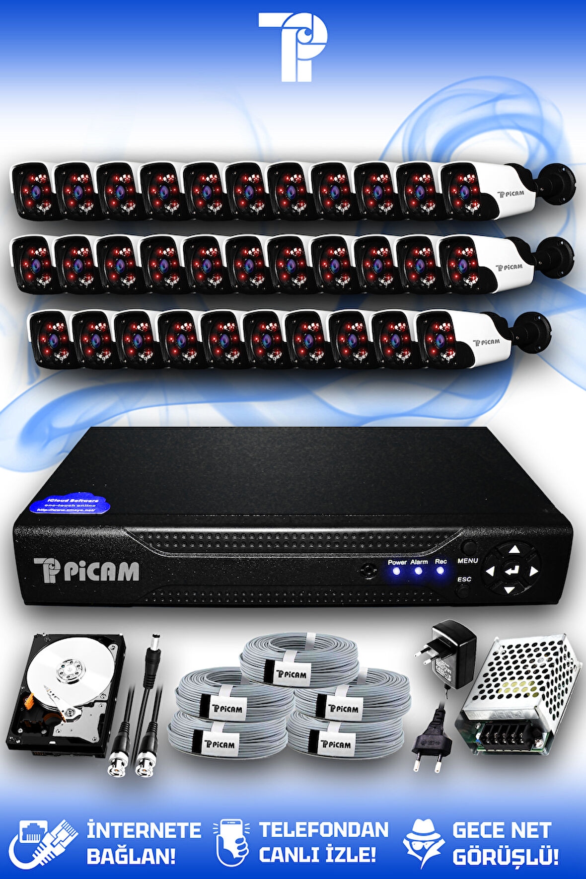 PICAM 32 Kameralı Panda 32 Dış Kamera Set 2 TB HDD Full HD Gece Görüşlü Güvenlik Kamerası Sistemi