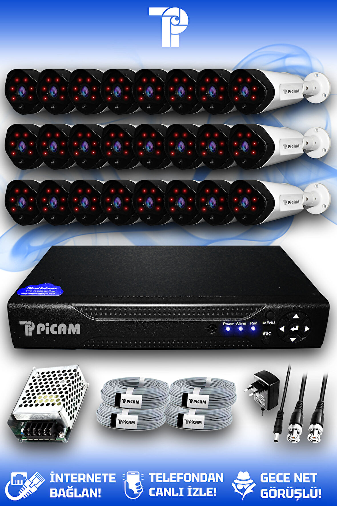 PICAM 24 Kameralı Uzay 24 Dış Kamera Set HDD'siz Full HD Gece Görüşlü Güvenlik Kamerası Sistemi