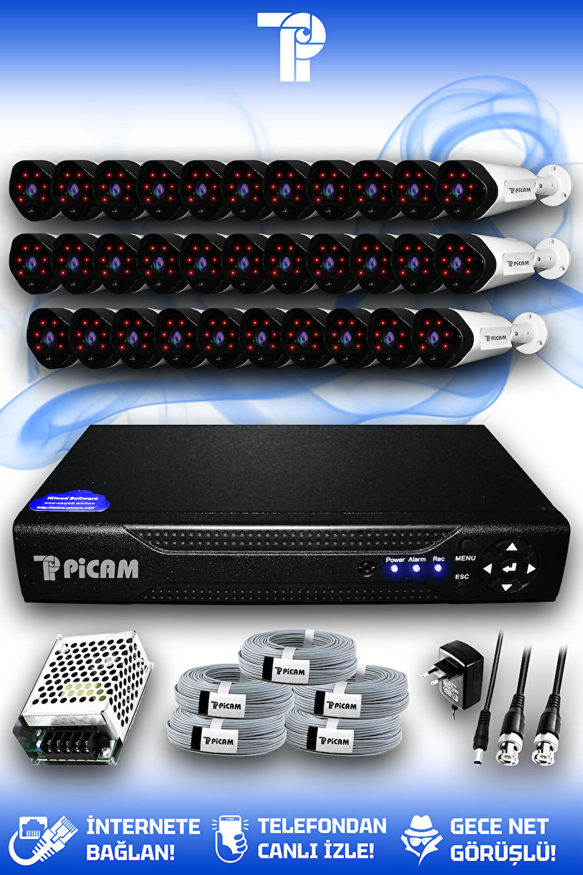 PICAM 32 Kameralı Uzay 32 Dış Kamera Set HDD'siz Full HD Gece Görüşlü Güvenlik Kamerası Sistemi