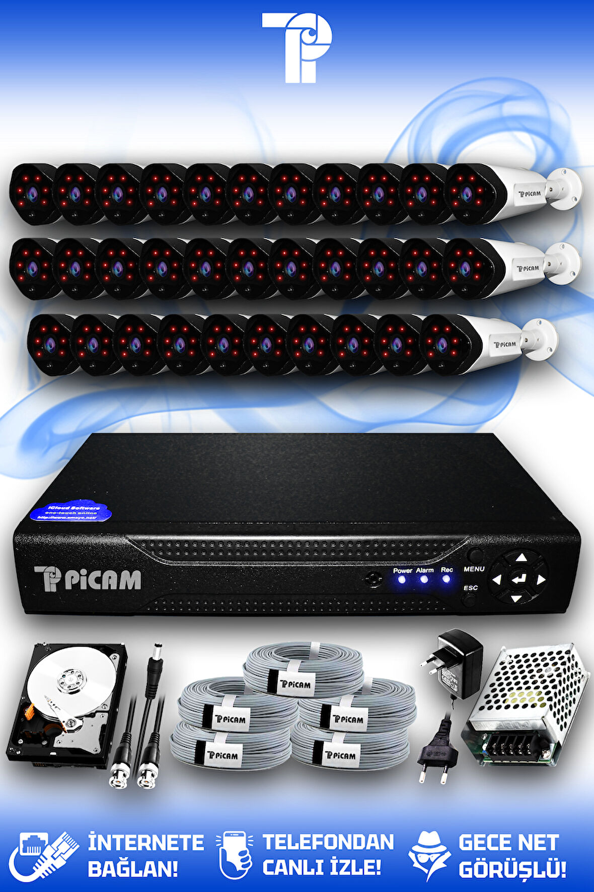 PICAM 32 Kameralı Uzay 32 Dış Kamera Set 1 TB HDD Full HD Gece Görüşlü Güvenlik Kamerası Sistemi