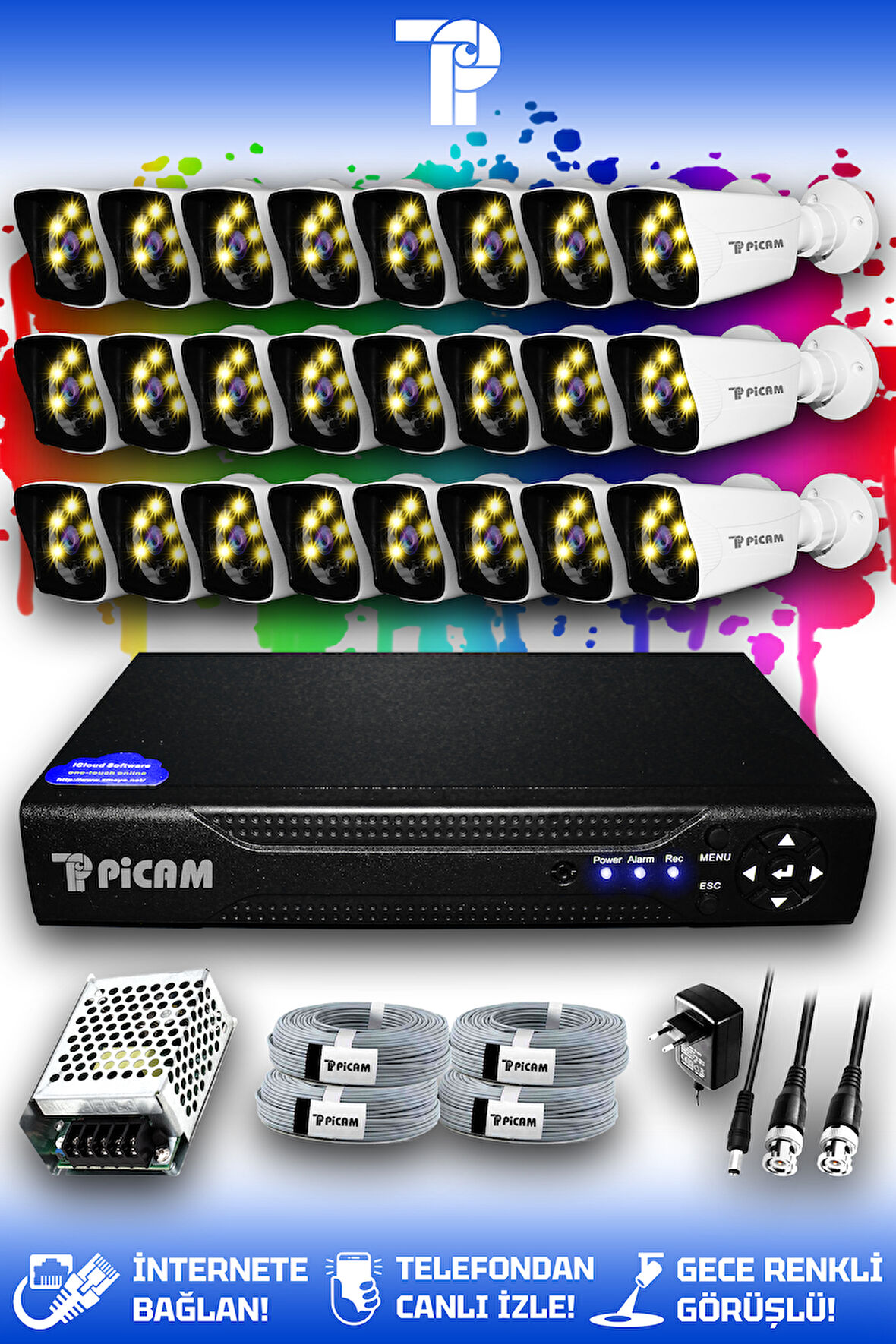 PICAM 24 Kameralı Kare 24 Dış Kamera Set HDD'siz Full HD Renkli Gece Görüşlü Güvenlik Kamerası Sistemi