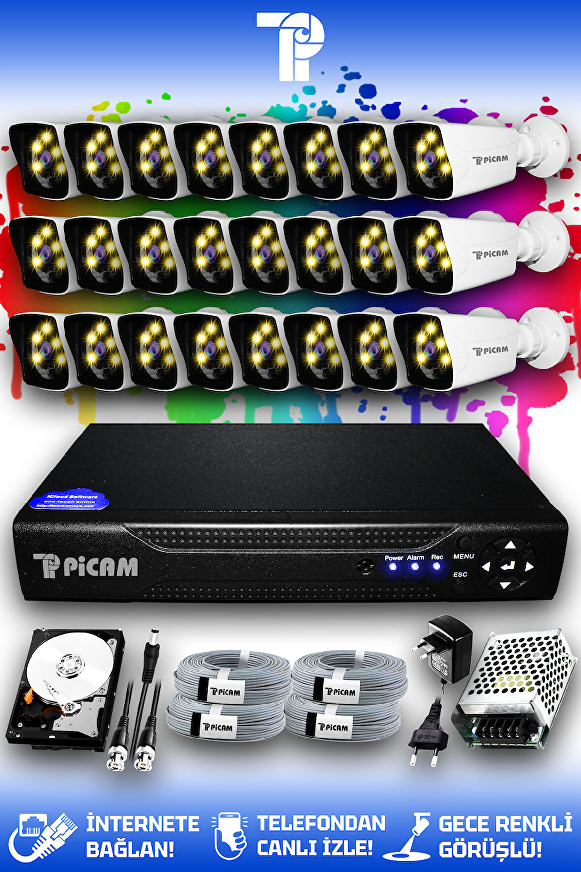 PICAM 24 Kameralı Kare 24 Dış Kamera Set 500 GB HDD Full HD Renkli Gece Görüşlü Güvenlik Kamerası Sistemi