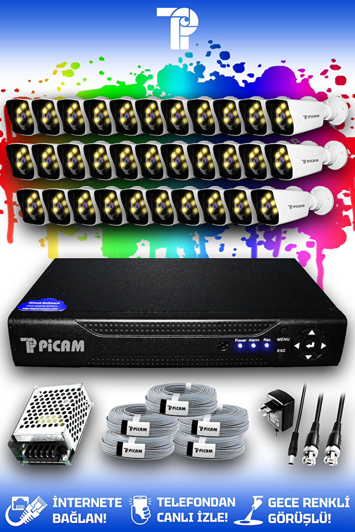 PICAM 32 Kameralı Kare 32 Dış Kamera Set HDD'siz Full HD Renkli Gece Görüşlü Güvenlik Kamerası Sistemi