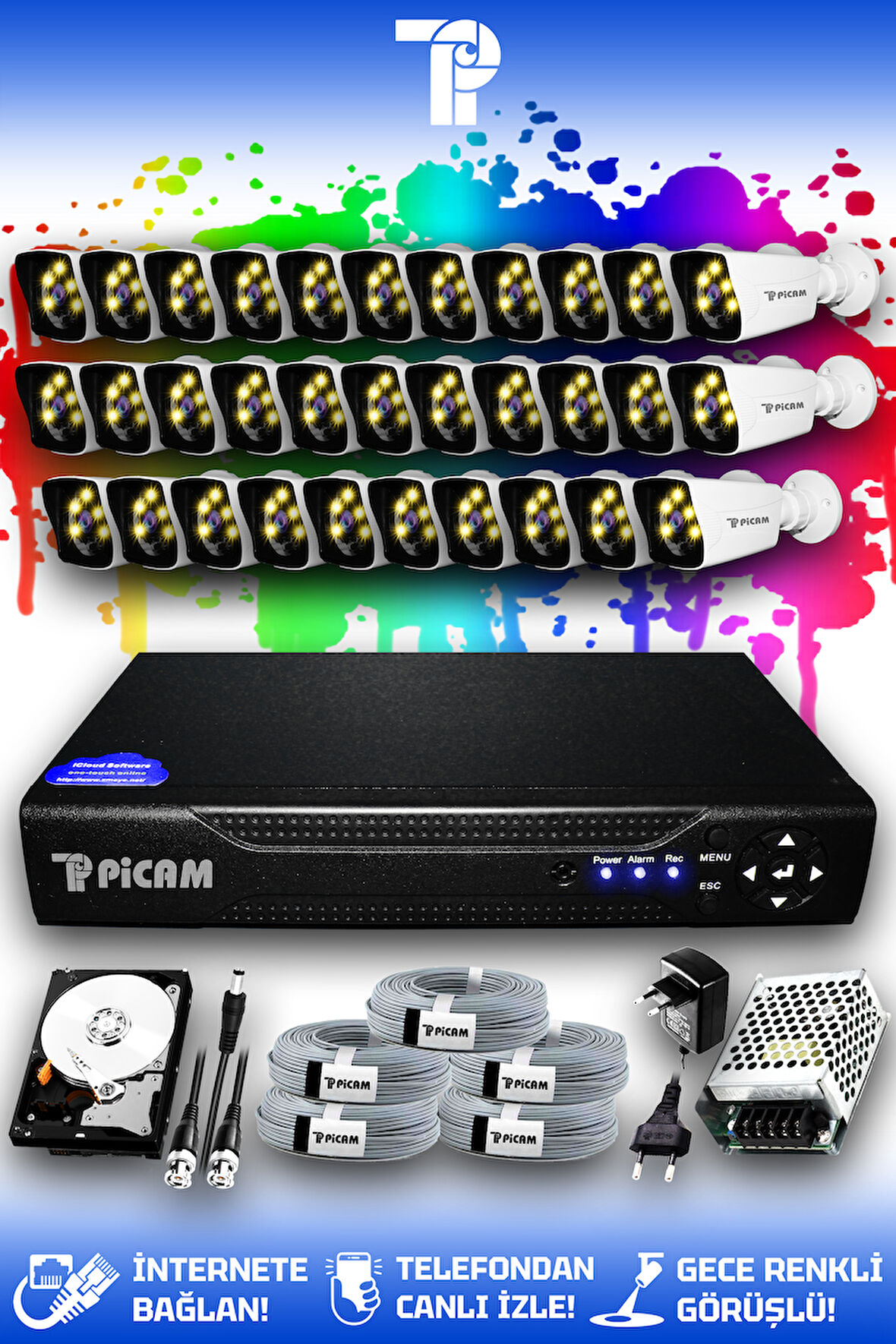 PICAM 32 Kameralı Kare 32 Dış Kamera Set 250 GB HDD Full HD Renkli Gece Görüşlü Güvenlik Kamerası Sistemi