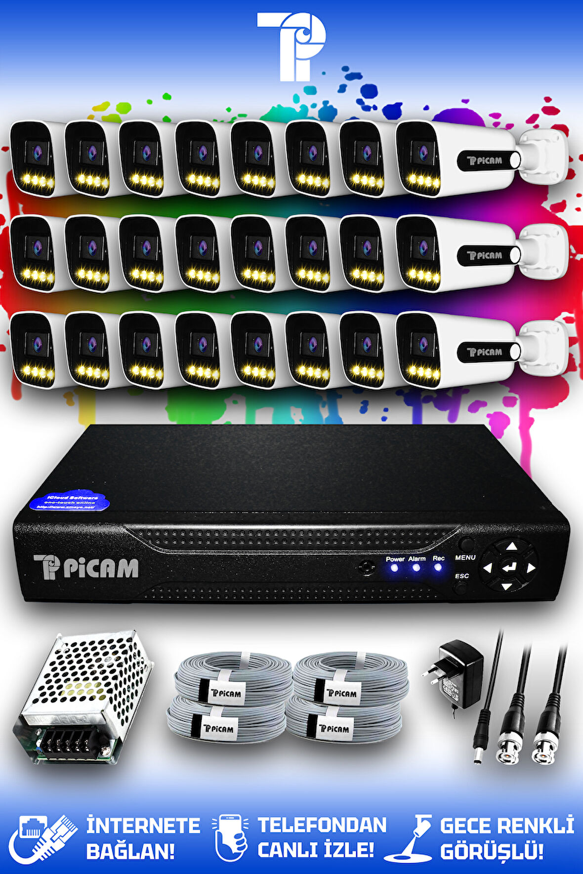 PICAM 24 Kameralı Zebra 24 Dış Kamera Set HDD'siz Full HD Renkli Gece Görüşlü Güvenlik Kamerası Sistemi