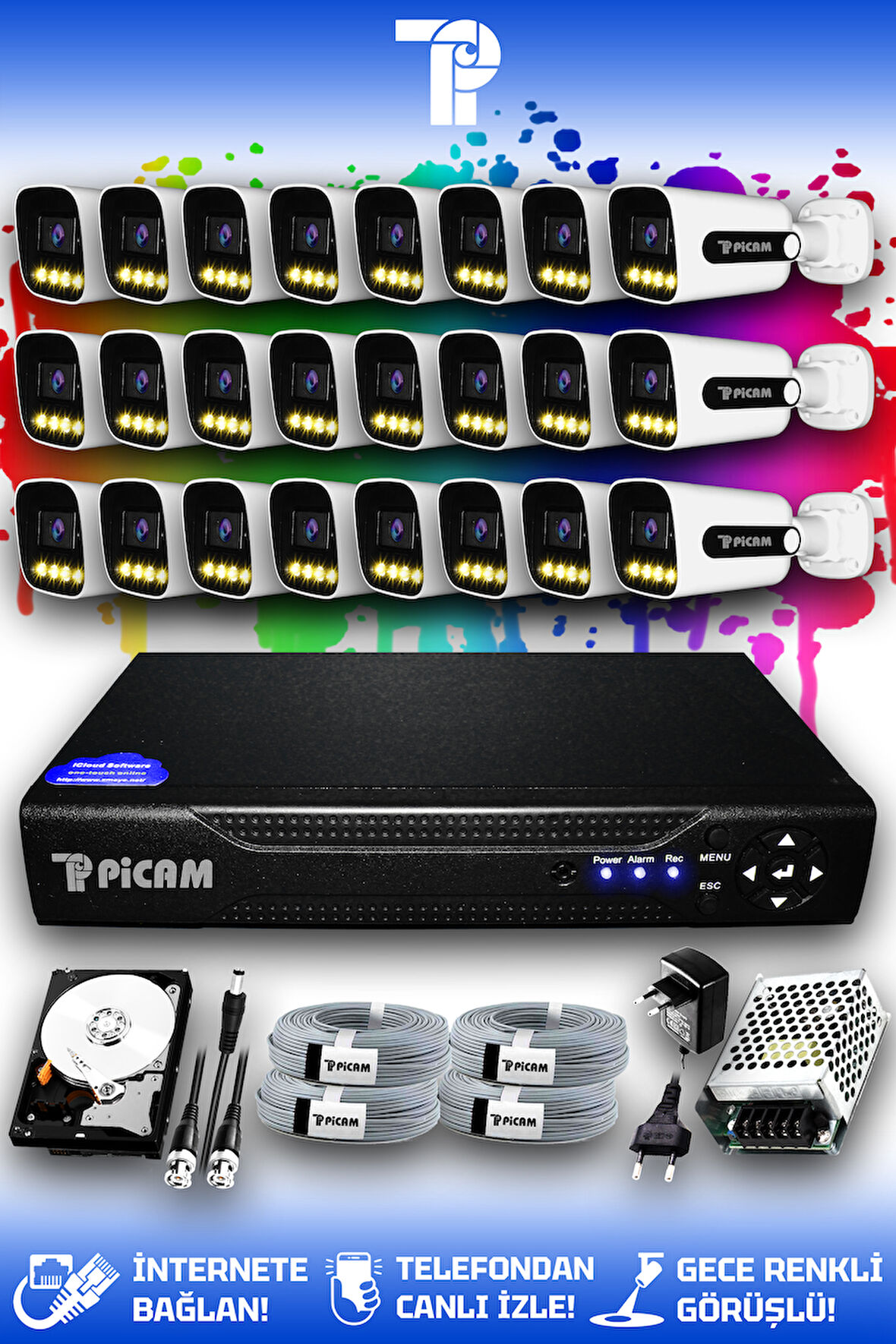 PICAM 24 Kameralı Zebra 24 Dış Kamera Set 1 TB HDD Full HD Renkli Gece Görüşlü Güvenlik Kamerası Sistemi