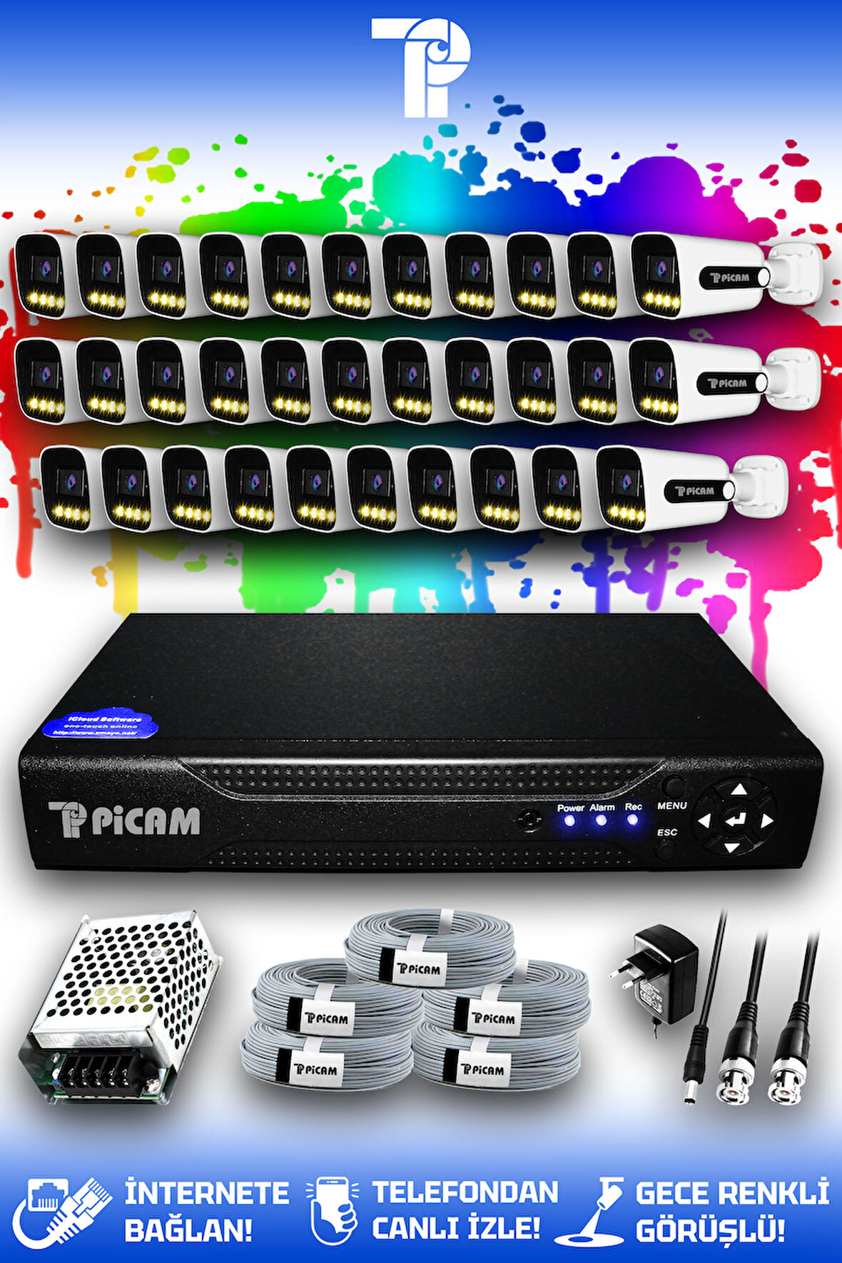 PICAM 32 Kameralı Zebra 32 Dış Kamera Set HDD'siz Full HD Renkli Gece Görüşlü Güvenlik Kamerası Sistemi