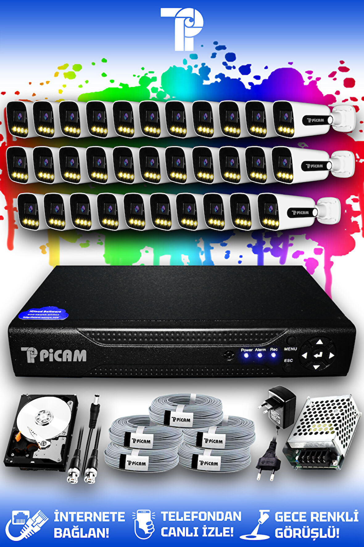 PICAM 32 Kameralı Zebra 32 Dış Kamera Set 500 GB HDD Full HD Renkli Gece Görüşlü Güvenlik Kamerası Sistemi