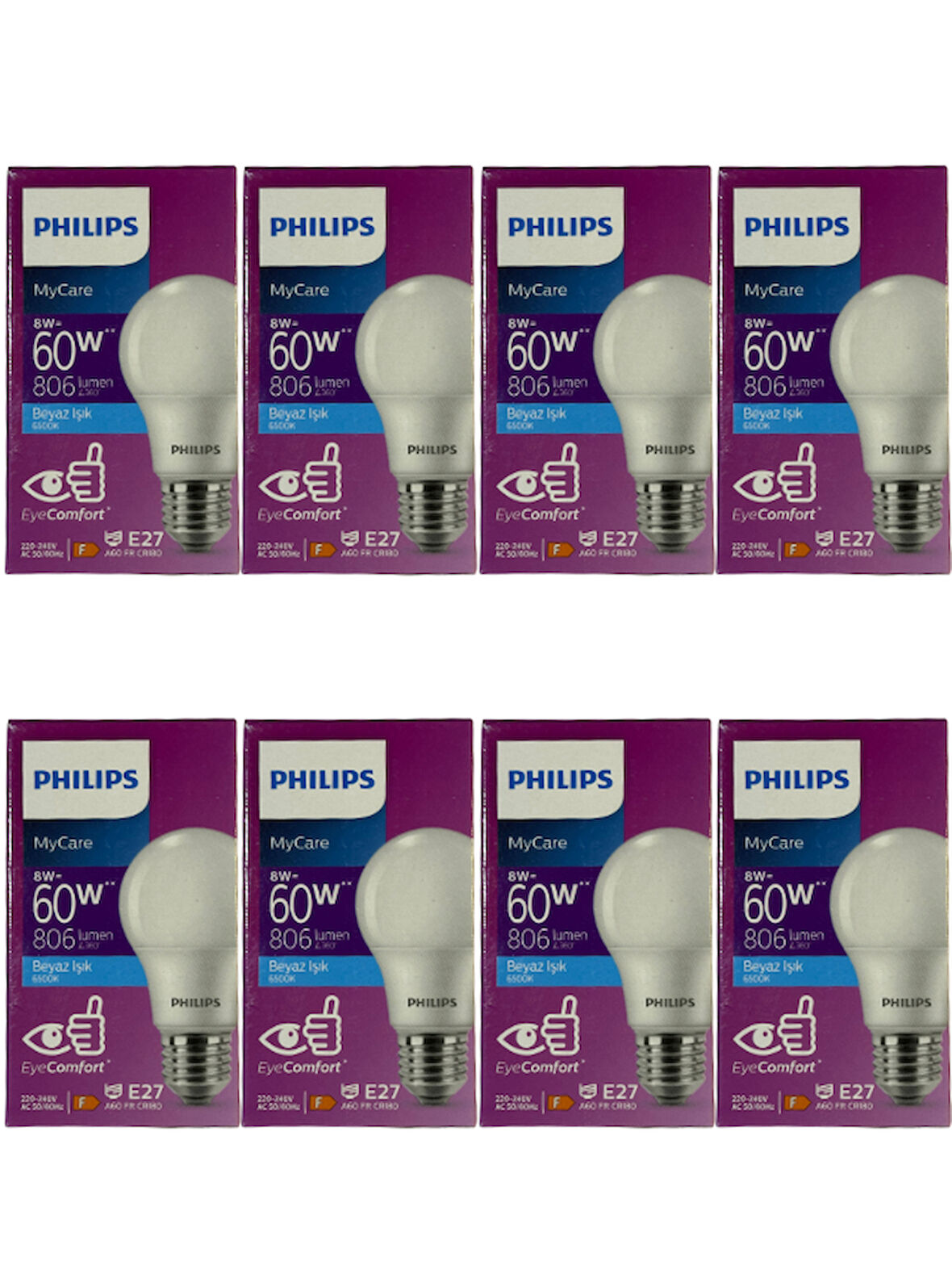 Philips 8W (60W) 6500K (Beyaz Işık) E27 Duylu Klasik Led Ampul (8 Adet)