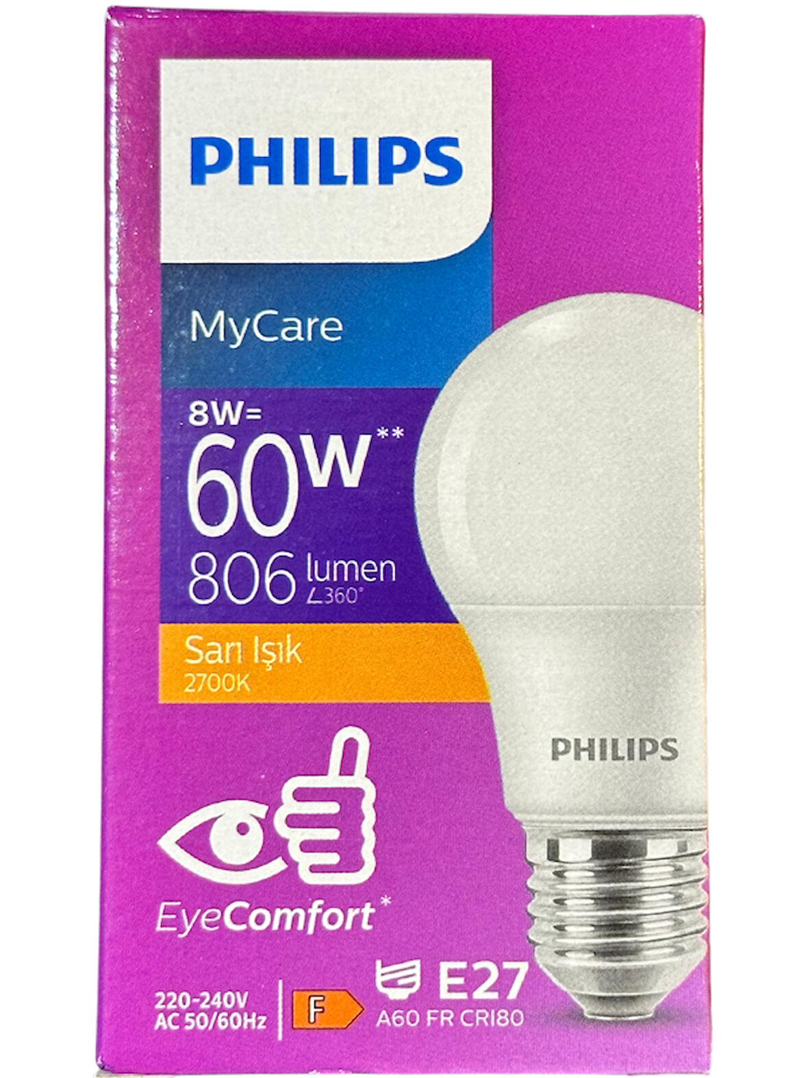 Philips 8W (60W) 2700K (Sarı Işık) E27 Duylu Klasik Led Ampul