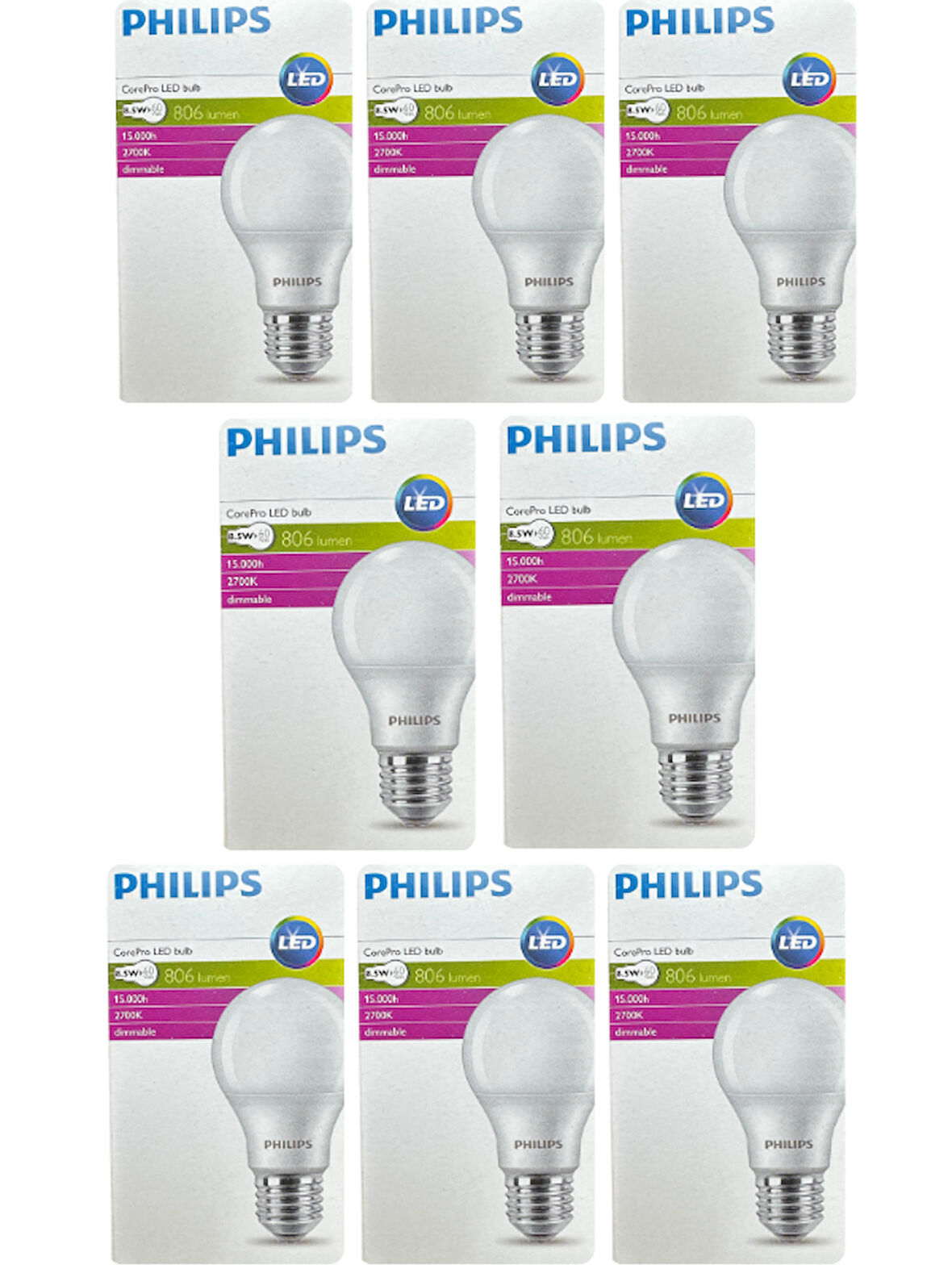 (8 Adet) Philips 8,5W (60W) 2700K (Sarı Işık) Dim Edilebilir E27 Duylu (Kalın Duy) Led Ampul