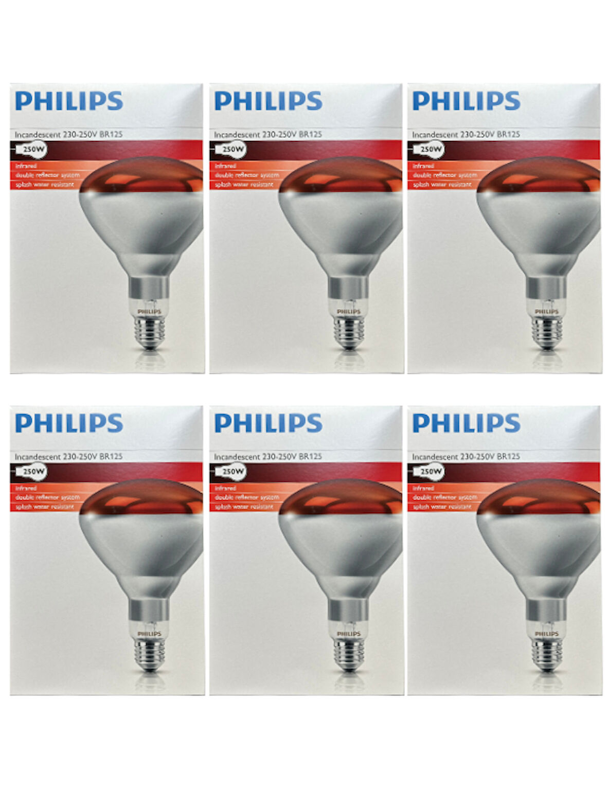 (6 Adet) Philips 250W Kızılötesi (infrared) Isıtıcılı Hayvan Isıtma ve Fizik Tedavi Lambası (Kırmızı Işık) E27 (Kalın Duy)
