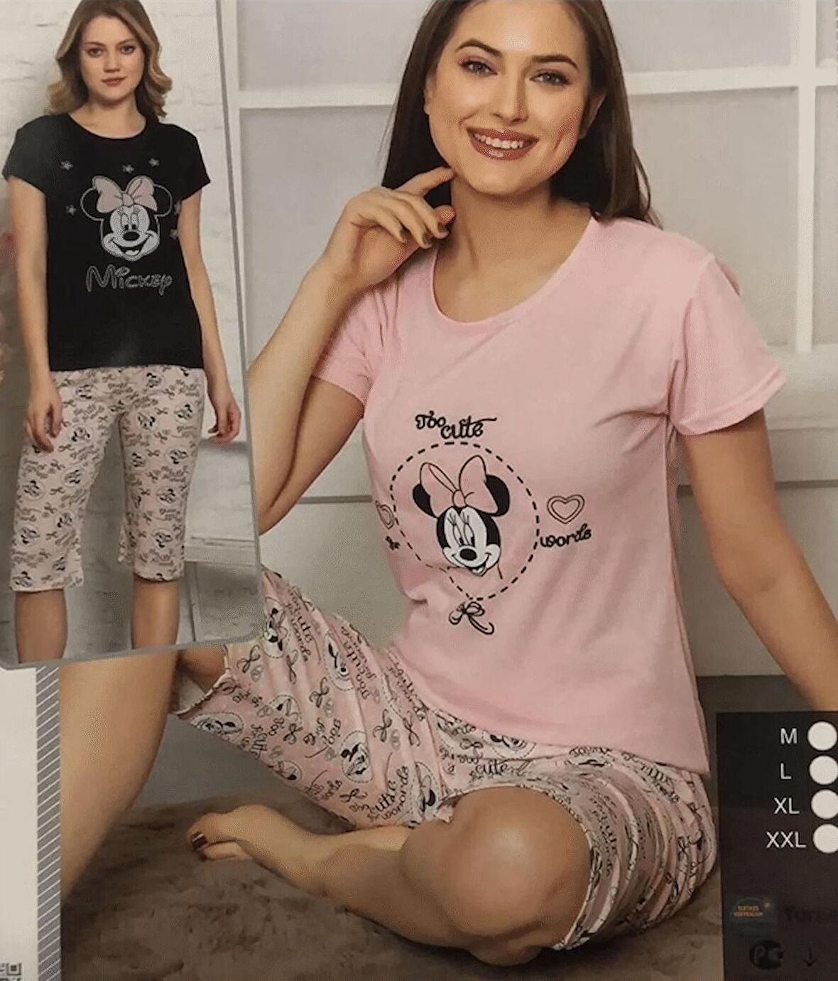 Black Style Butik Pijama Takımı Karakter Baskılı Pembe Kısa Kollu Yumoş Kumaş
