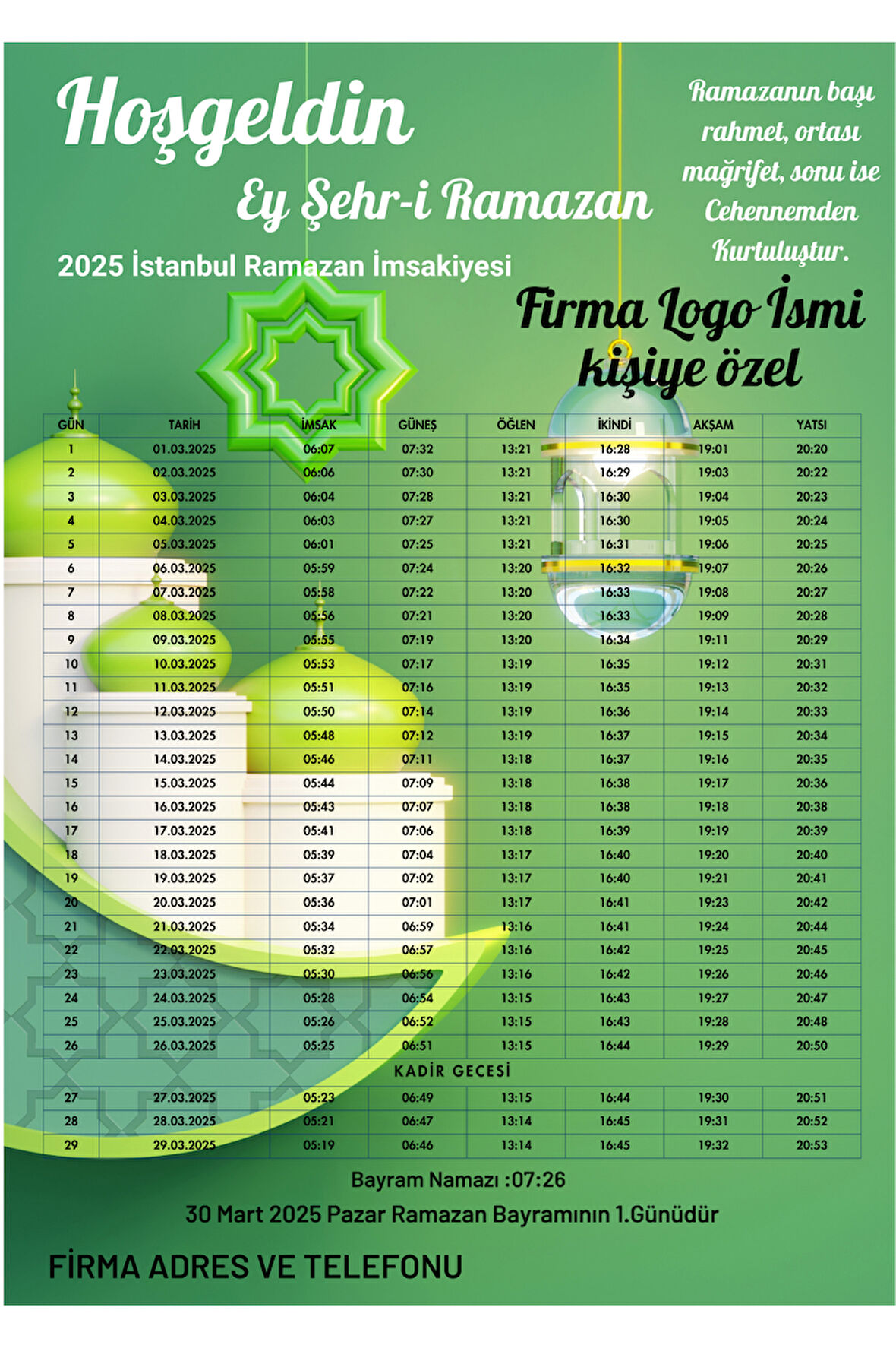 Ramazan İmsakiyesi Modern Kişiye Özel Tasarımlı Dijital Baskı 1 Adet A4 300 gr Model 19