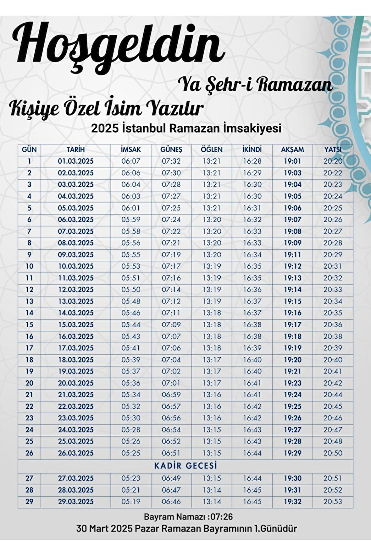 Ramazan İmsakiyesi Modern Kişiye Özel Tasarımlı Dijital Baskı 1 Adet A4 300 gr Model 22