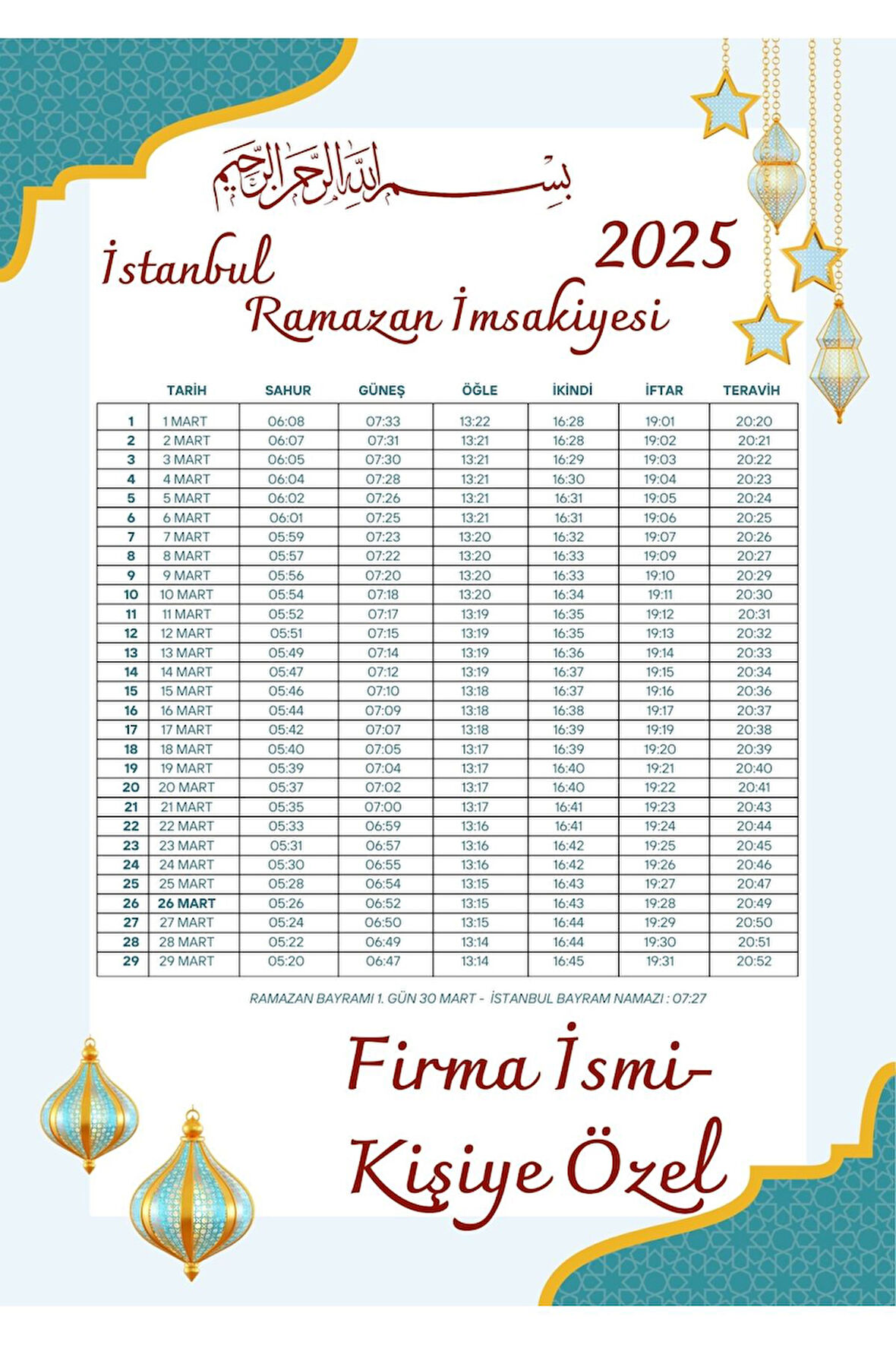 Ramazan İmsakiyesi Modern Kişiye Özel Tasarımlı Dijital Baskı 1 Adet A4 300 gr Model 36