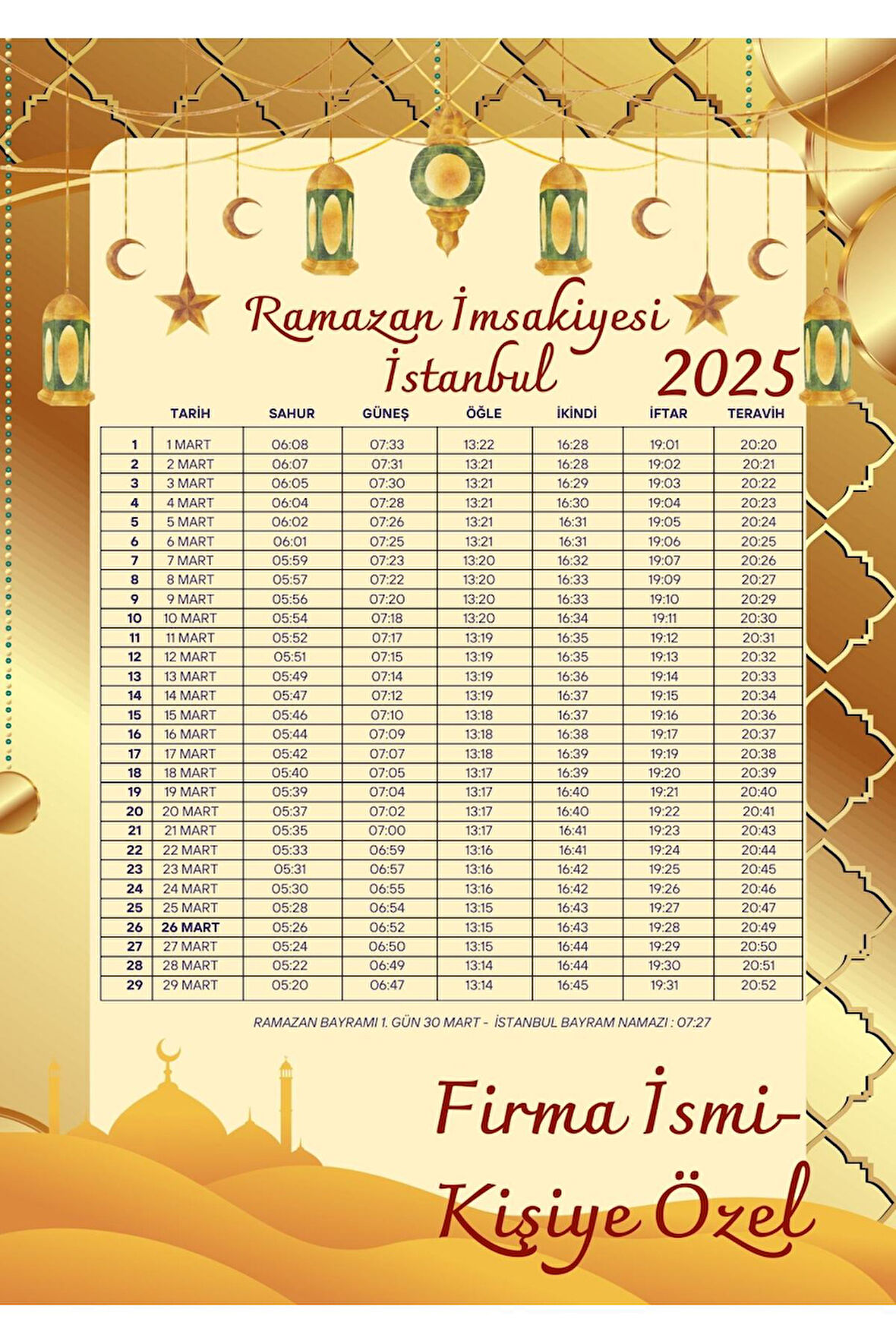 Ramazan İmsakiyesi Modern Kişiye Özel Tasarımlı Dijital Baskı 1 Adet A4 300 gr Model 37