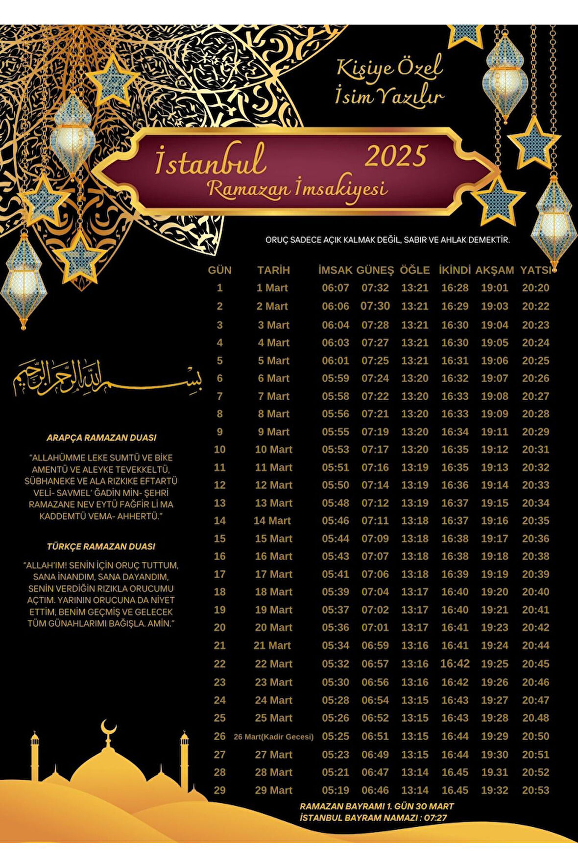 Ramazan İmsakiyesi Modern Kişiye Özel Tasarımlı Dijital Baskı 6 Adet A4 300 gr Model 40