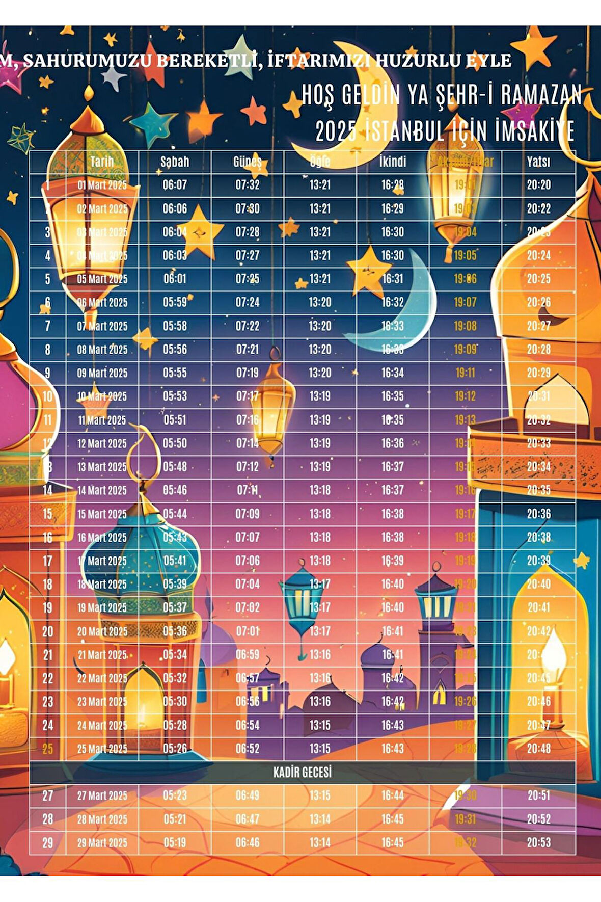 Ramazan İmsakiyesi Modern Kişiye Özel Tasarımlı Dijital Baskı 10 Adet A4 300 gr Model 4