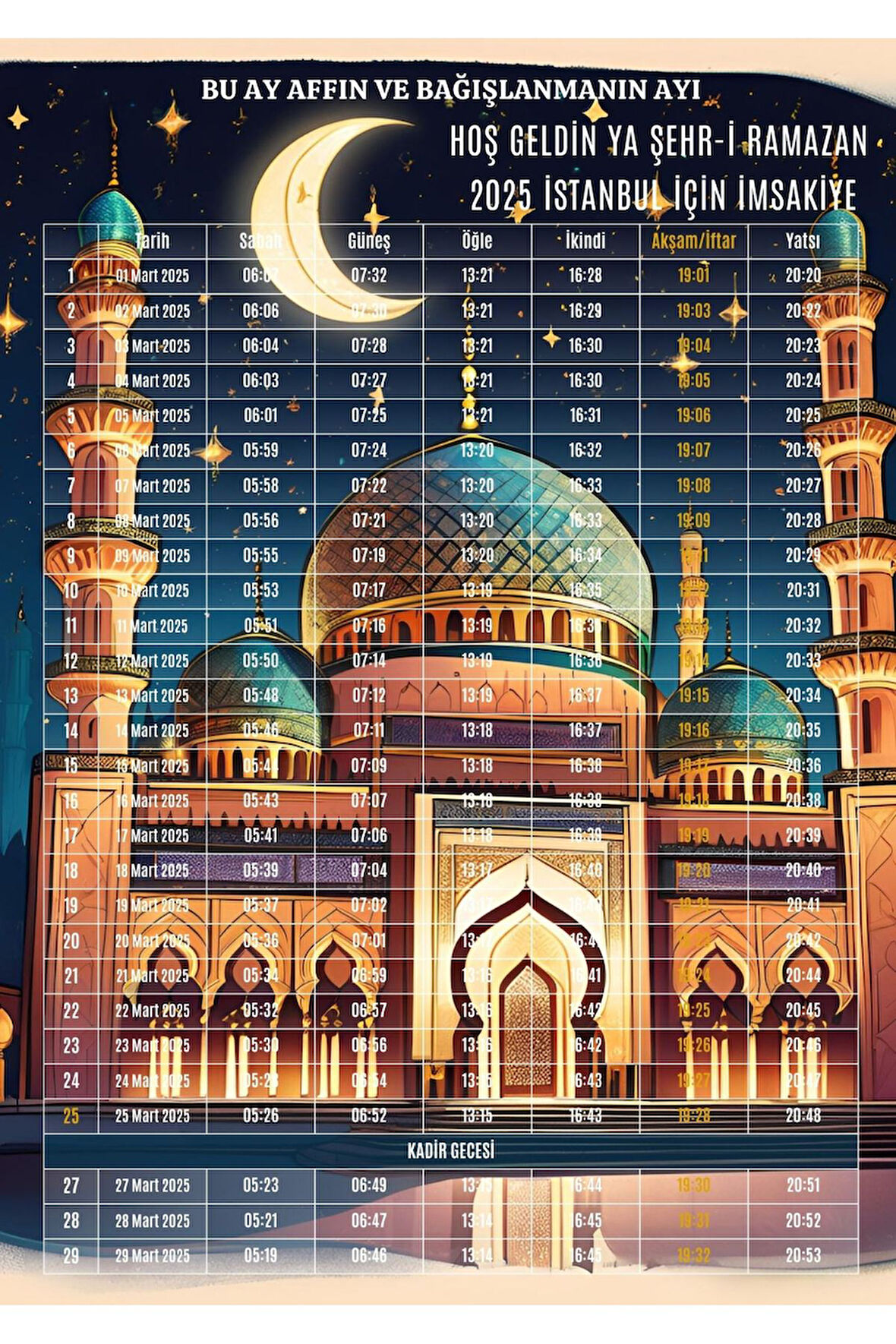 Ramazan İmsakiyesi Modern Kişiye Özel Tasarımlı Dijital Baskı 10 Adet A4 300 gr Model 5