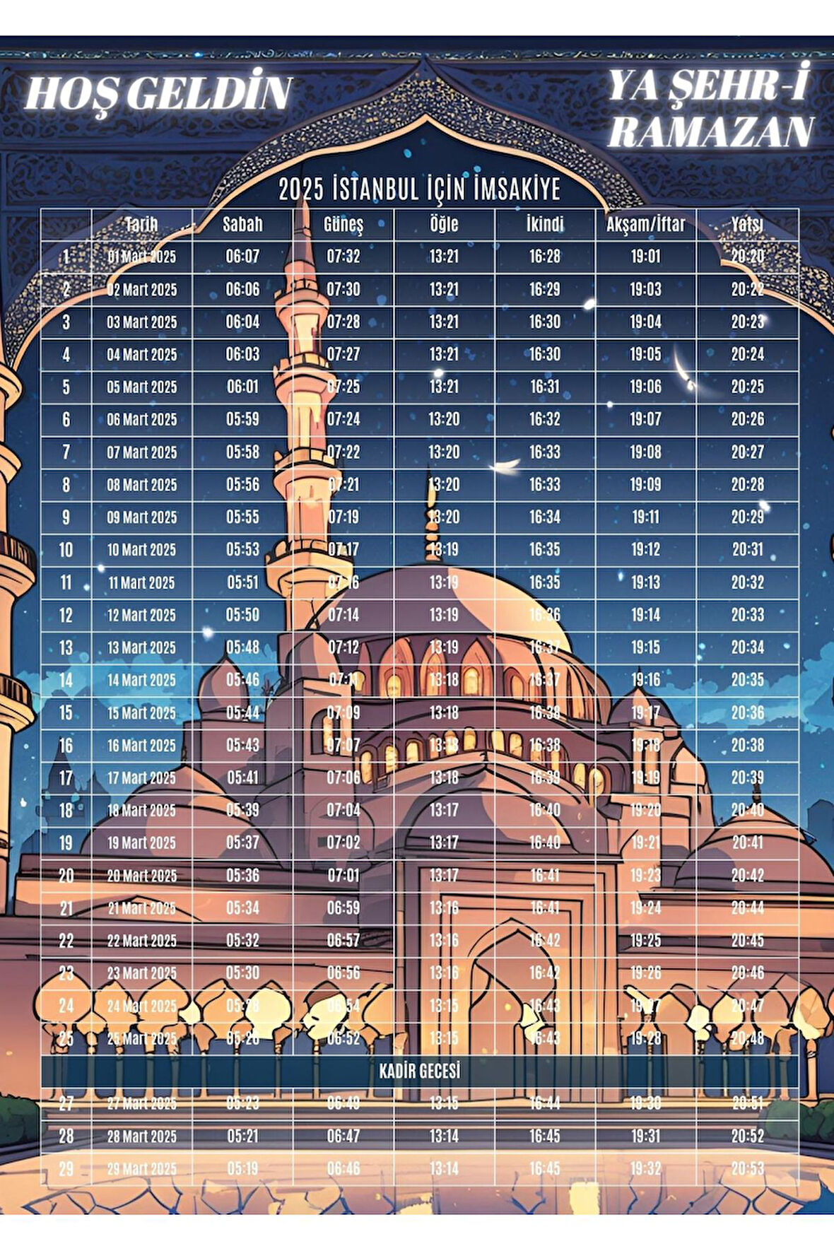 Ramazan İmsakiyesi Modern Kişiye Özel Tasarımlı Dijital Baskı 10 Adet A4 300 gr Model 11