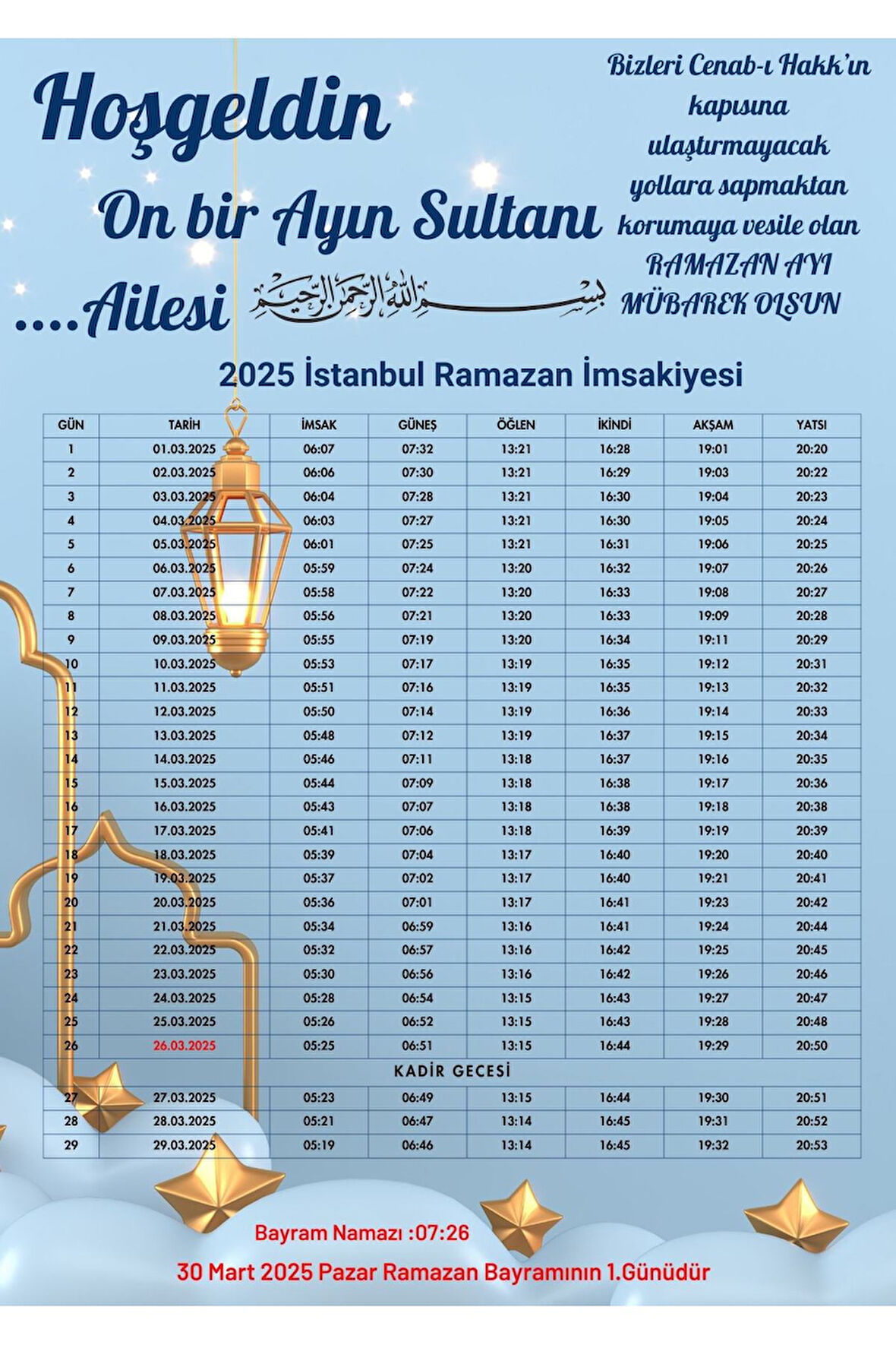 Ramazan İmsakiyesi Modern Kişiye Özel Tasarımlı Dijital Baskı 10 Adet A4 300 gr Model 18