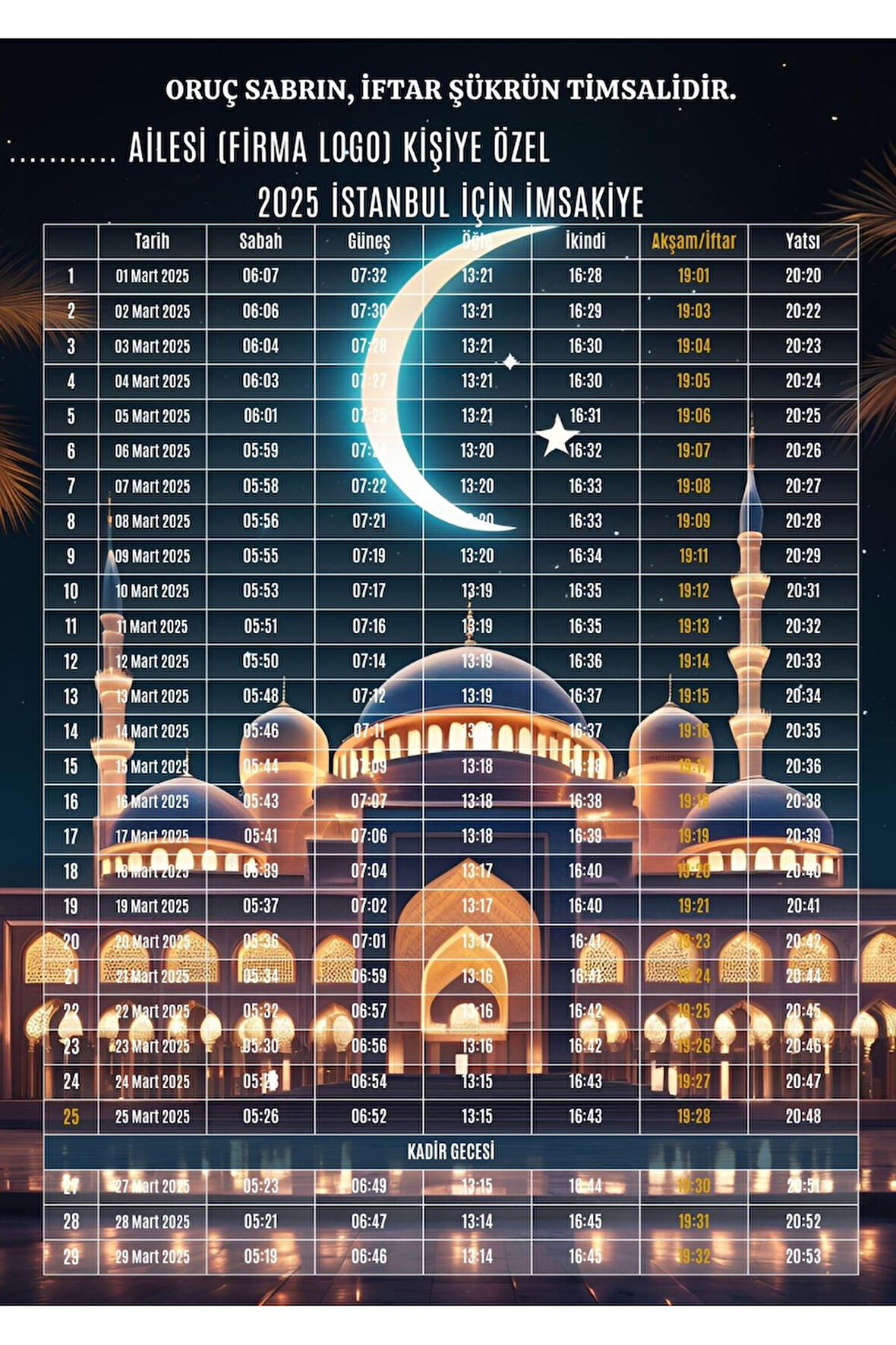 Ramazan İmsakiyesi Modern Kişiye Özel Tasarımlı Dijital Baskı 50 Adet A4 300 gr Model 8