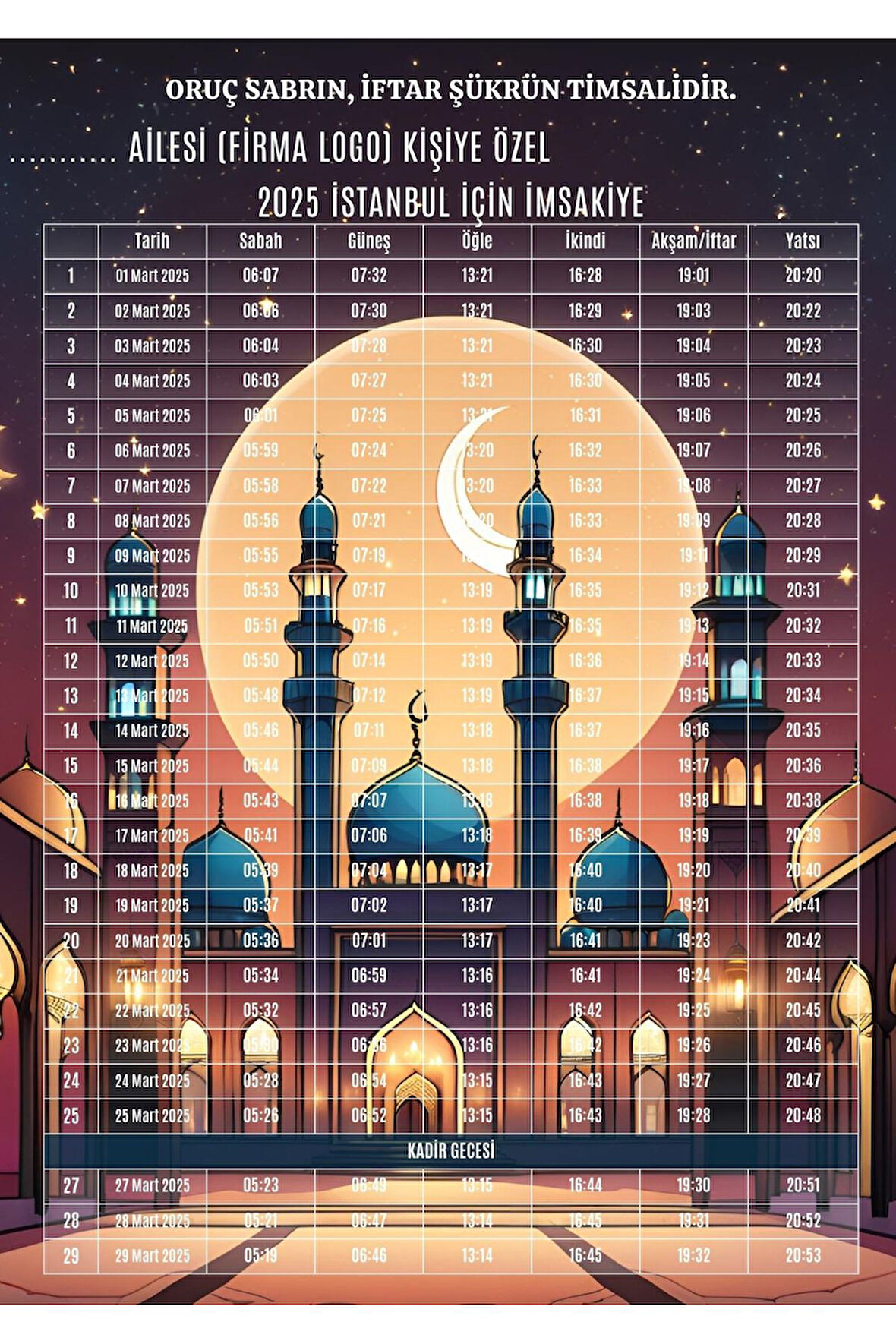 Ramazan İmsakiyesi Modern Kişiye Özel Tasarımlı Dijital Baskı 50 Adet A4 300 gr Model 10