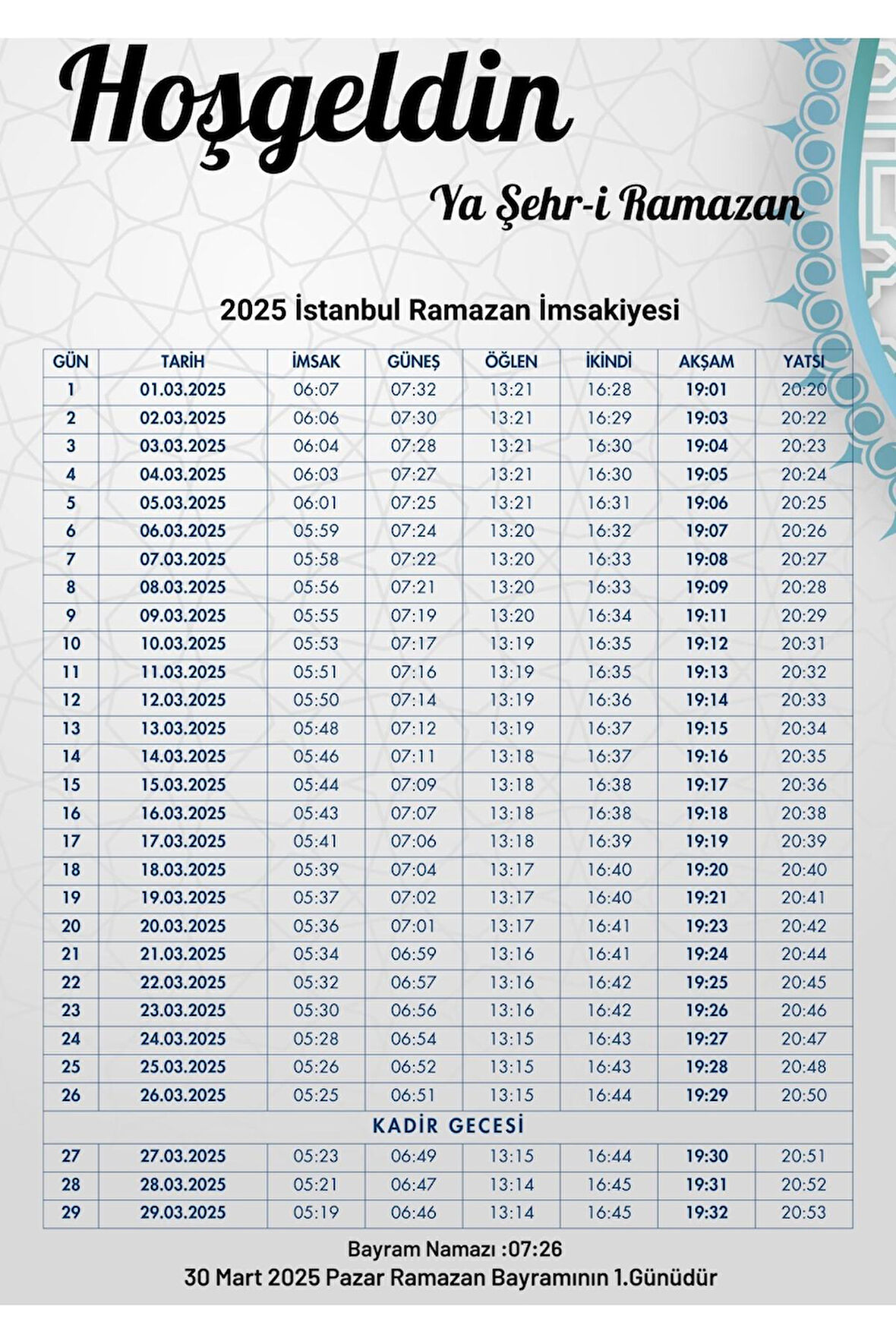 Ramazan İmsakiyesi Modern Kişiye Özel Tasarımlı Dijital Baskı 50 Adet A4 300 gr Model 21