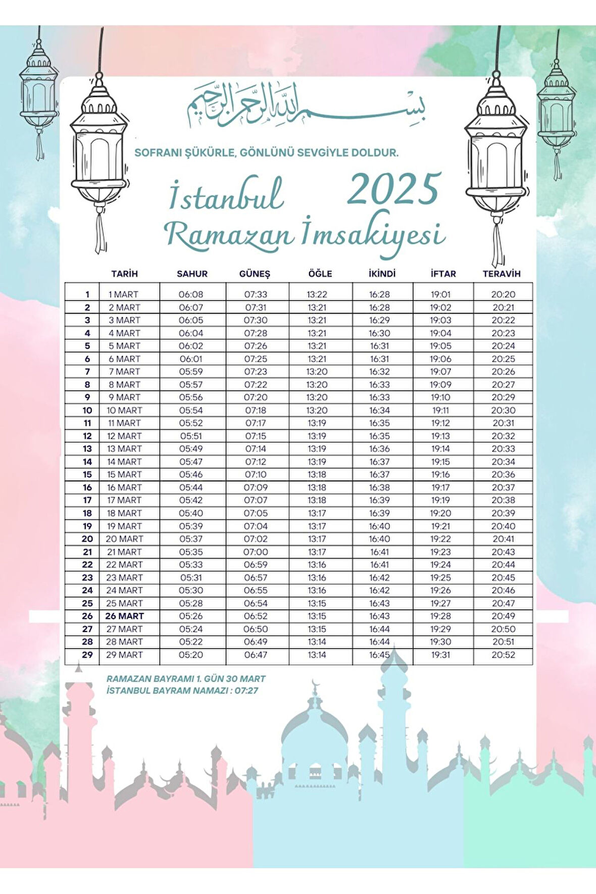 Ramazan İmsakiyesi Modern Kişiye Özel Tasarımlı Dijital Baskı 50 Adet A4 300 gr Model 42
