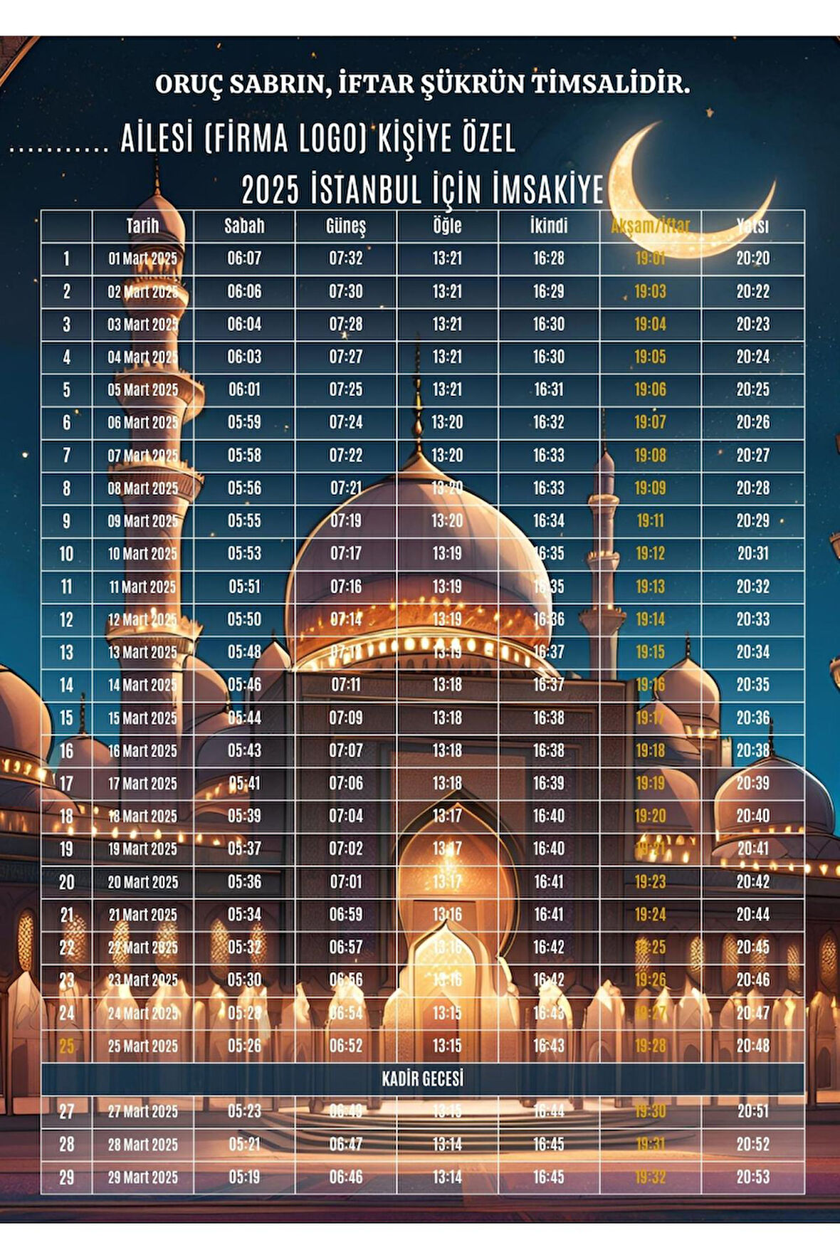 Ramazan İmsakiyesi Modern Kişiye Özel Tasarımlı Dijital Baskı 500 Adet A4 300 gr Model 9