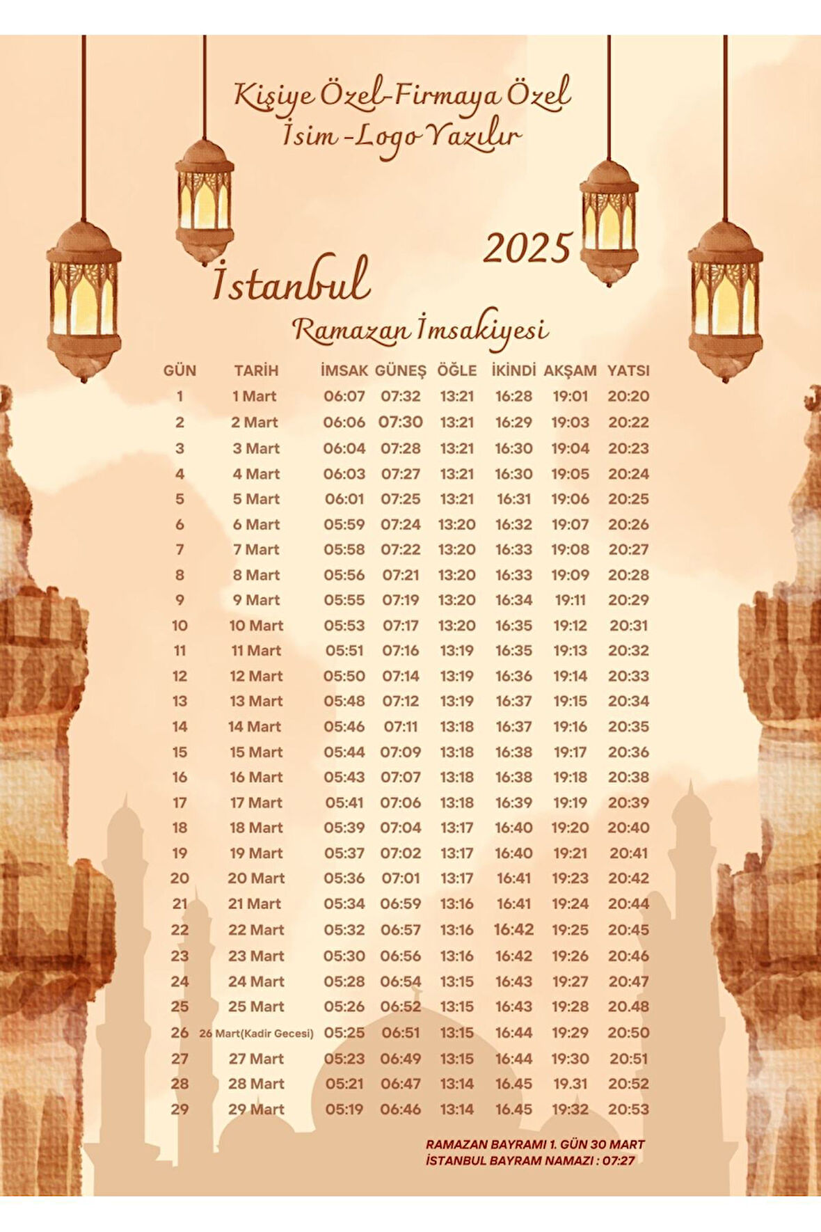 Ramazan İmsakiyesi Modern Kişiye Özel Tasarımlı Dijital Baskı 1000 Adet A4 300 gr Model 45