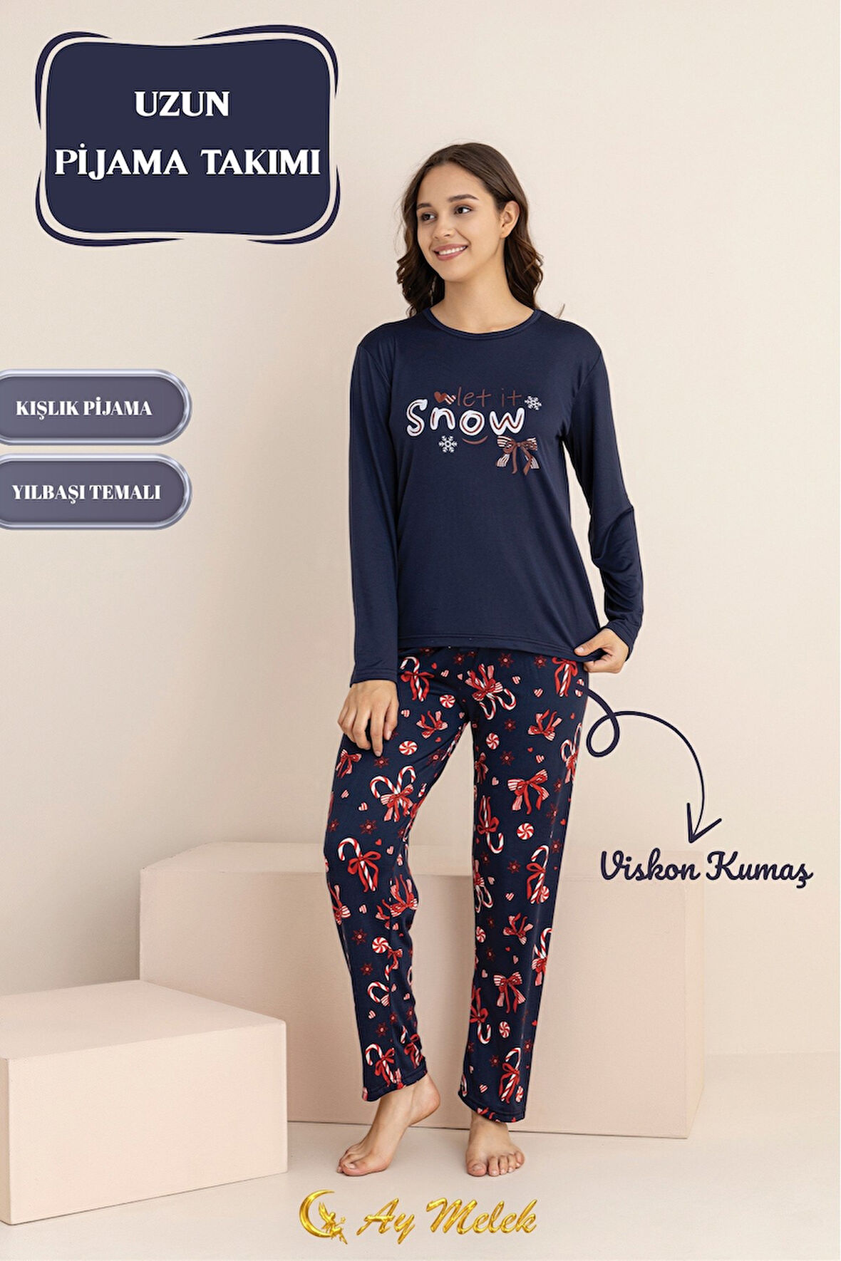 Kadın Pijama Takımı Pamuklu Bisiklet Yaka Pijama