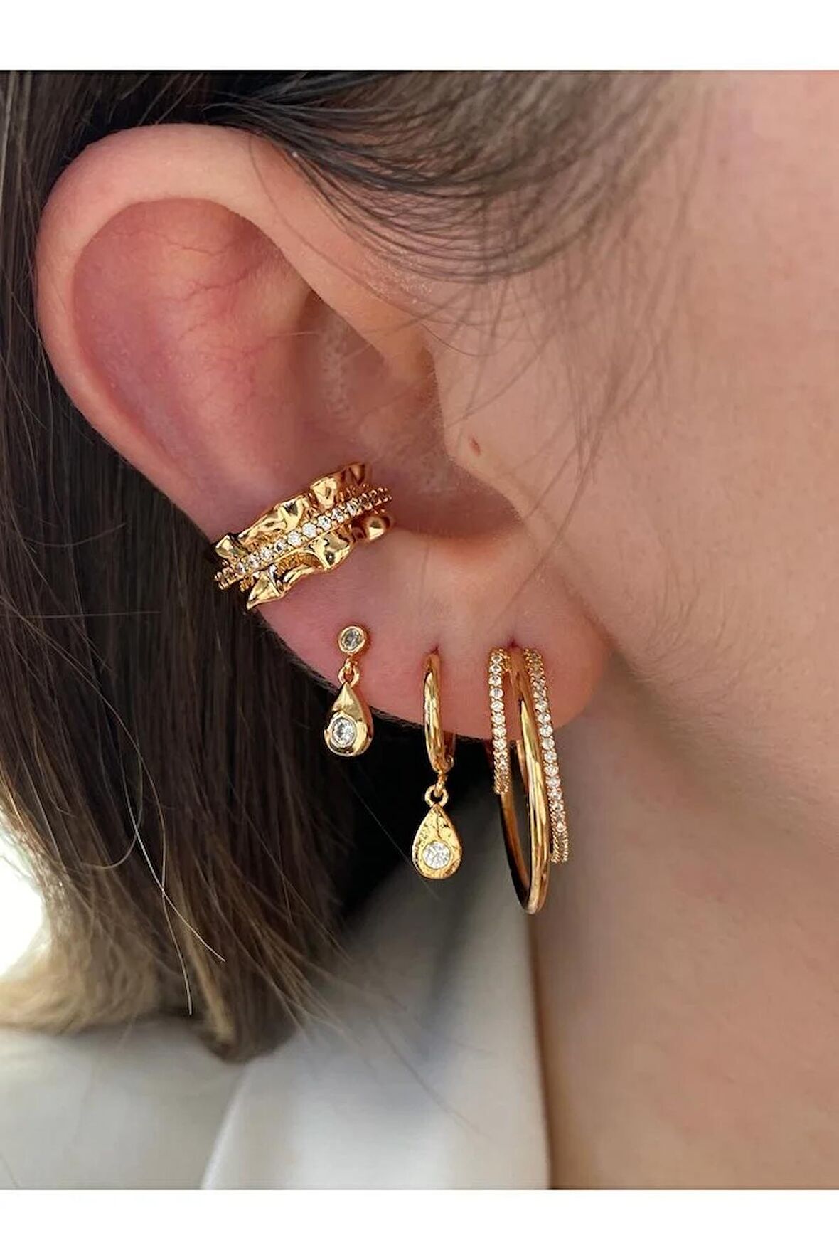 Zirkon Taşlı Halka Altın Kaplama Kadın Earcuff Kıkırdak Küpe